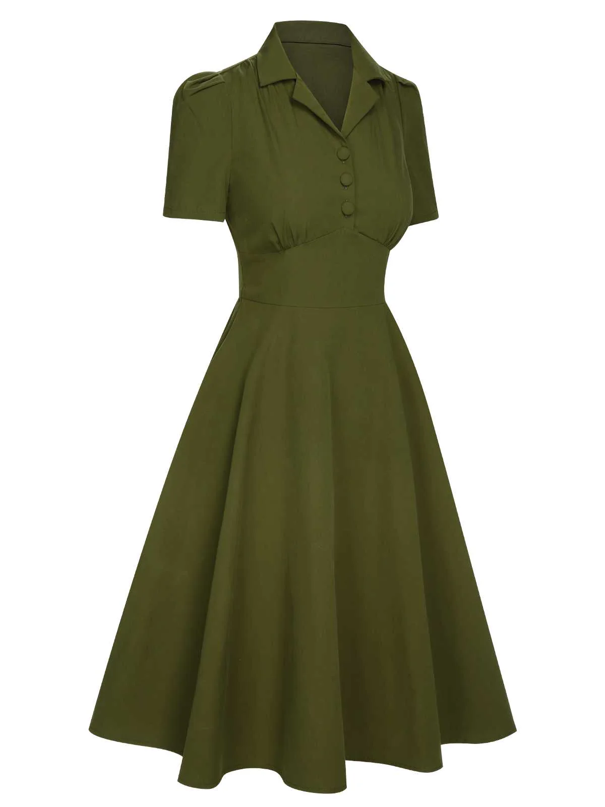 Green 1940s Lapel Buttoned Solid Dress - Image 4