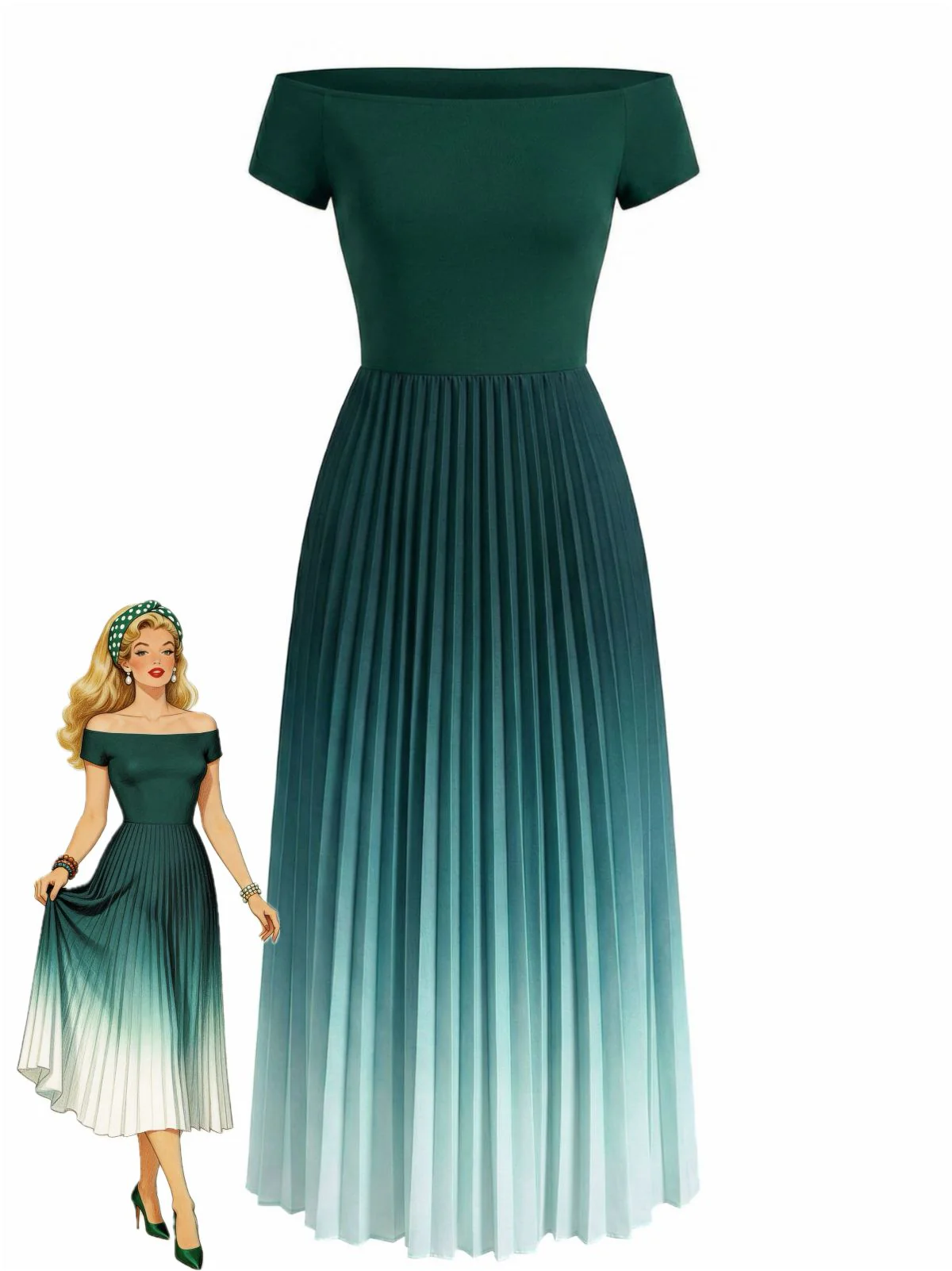 Green 1940s Off-Shoulder Pleated Gradient Dress