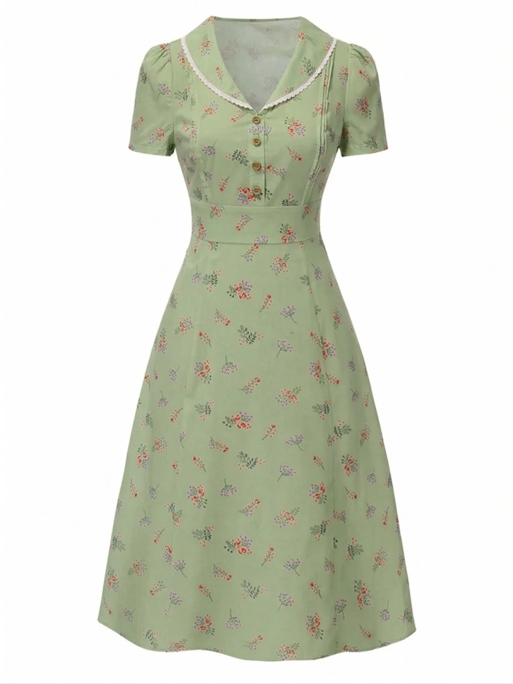 Green 1940s Puff Sleeves Floral Dress