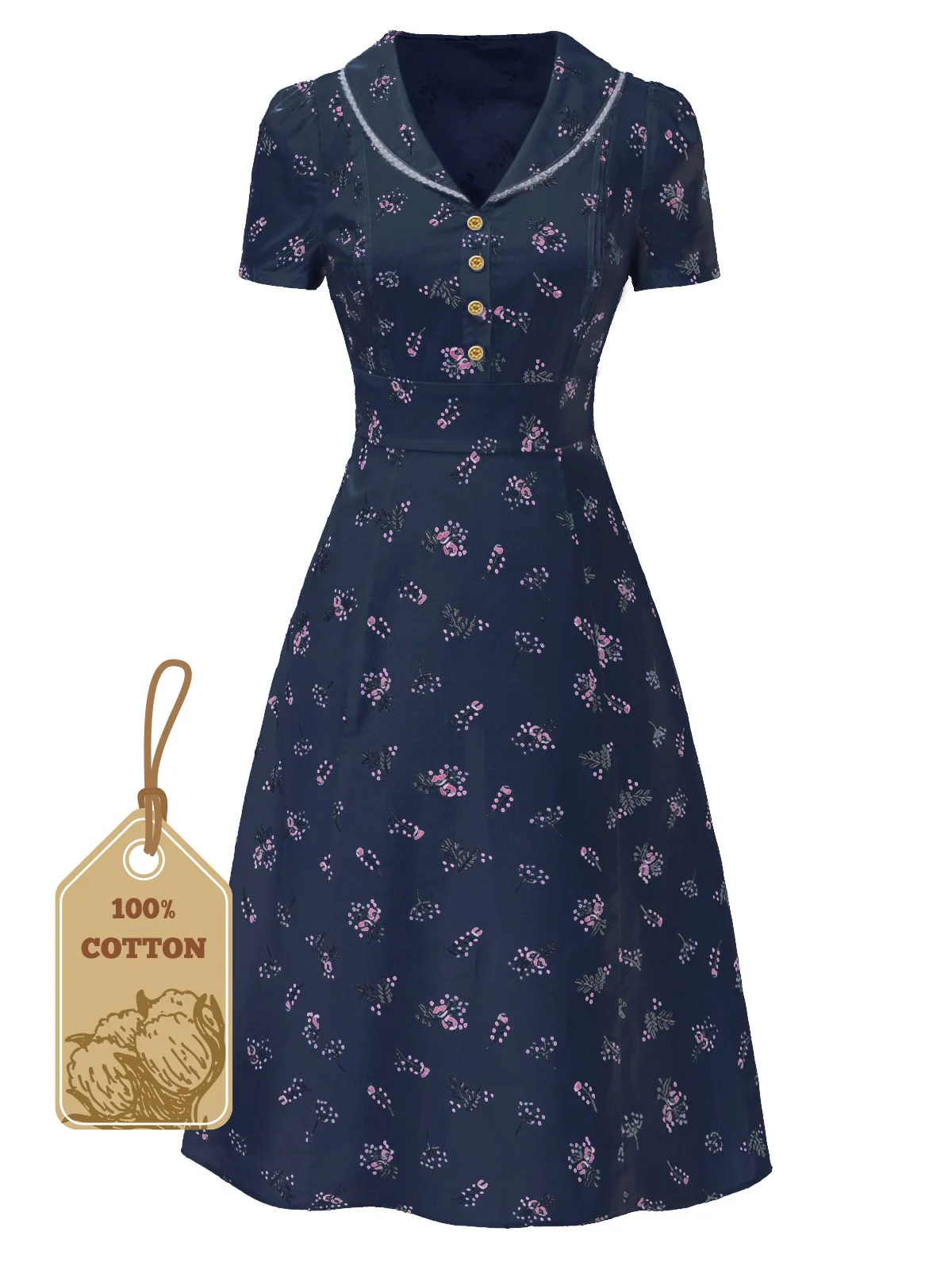 Pure Cotton Blue 1940s Puff Sleeves Floral Dress - Image 4