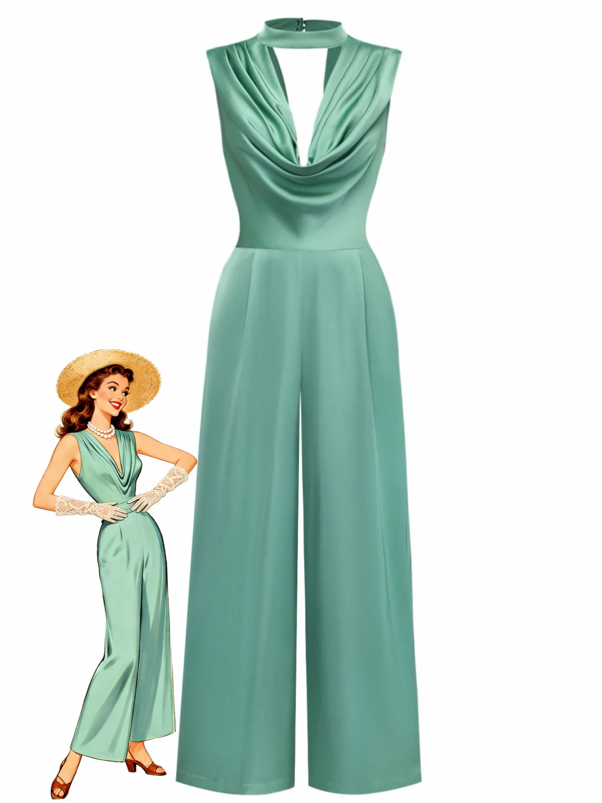 Green 1940s Solid Mock Jumpsuit