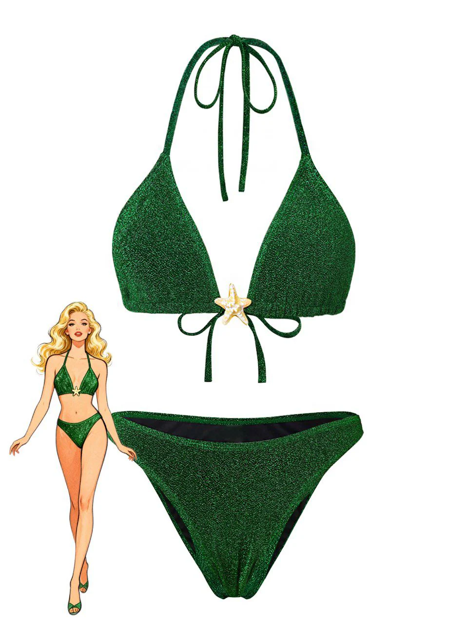 Green 1940s Solid Starfish Sequined Bikini Set