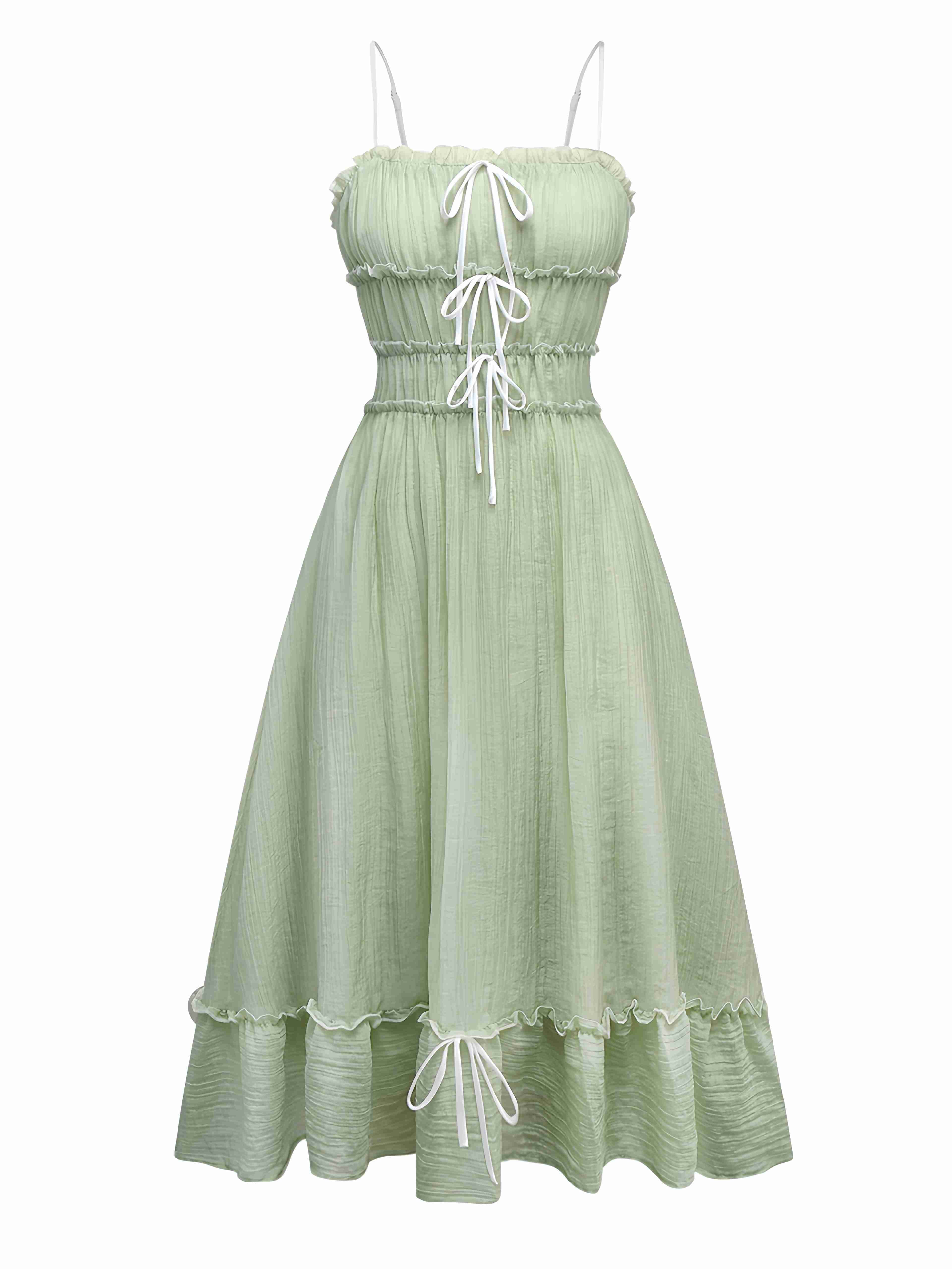 Green 1940s Spaghetti Strap Bow-tied Dress