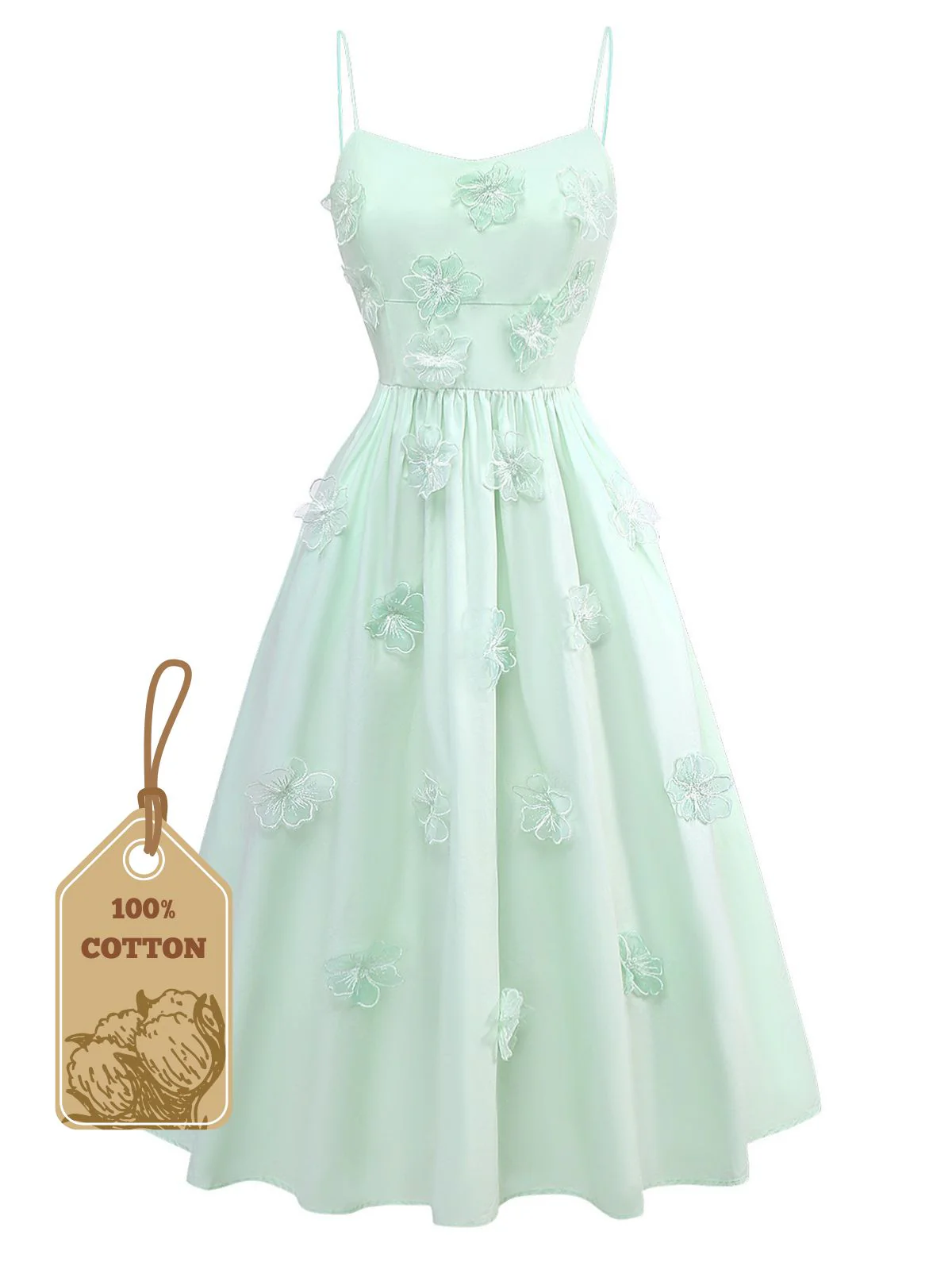 Green 1940s U-Neck Solid Jacquard Pure Cotton Dress