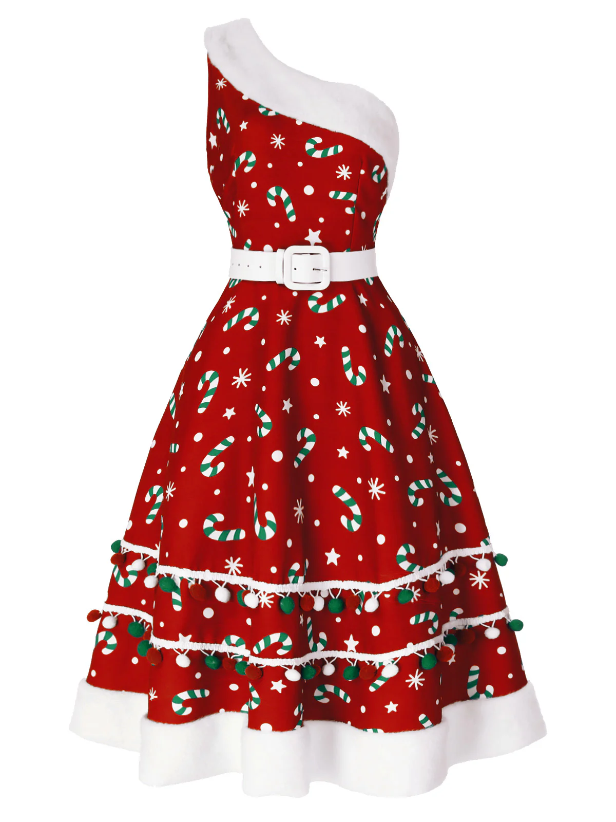 Green 1950s Candy Cane One-Shoulder Dress - Image 9
