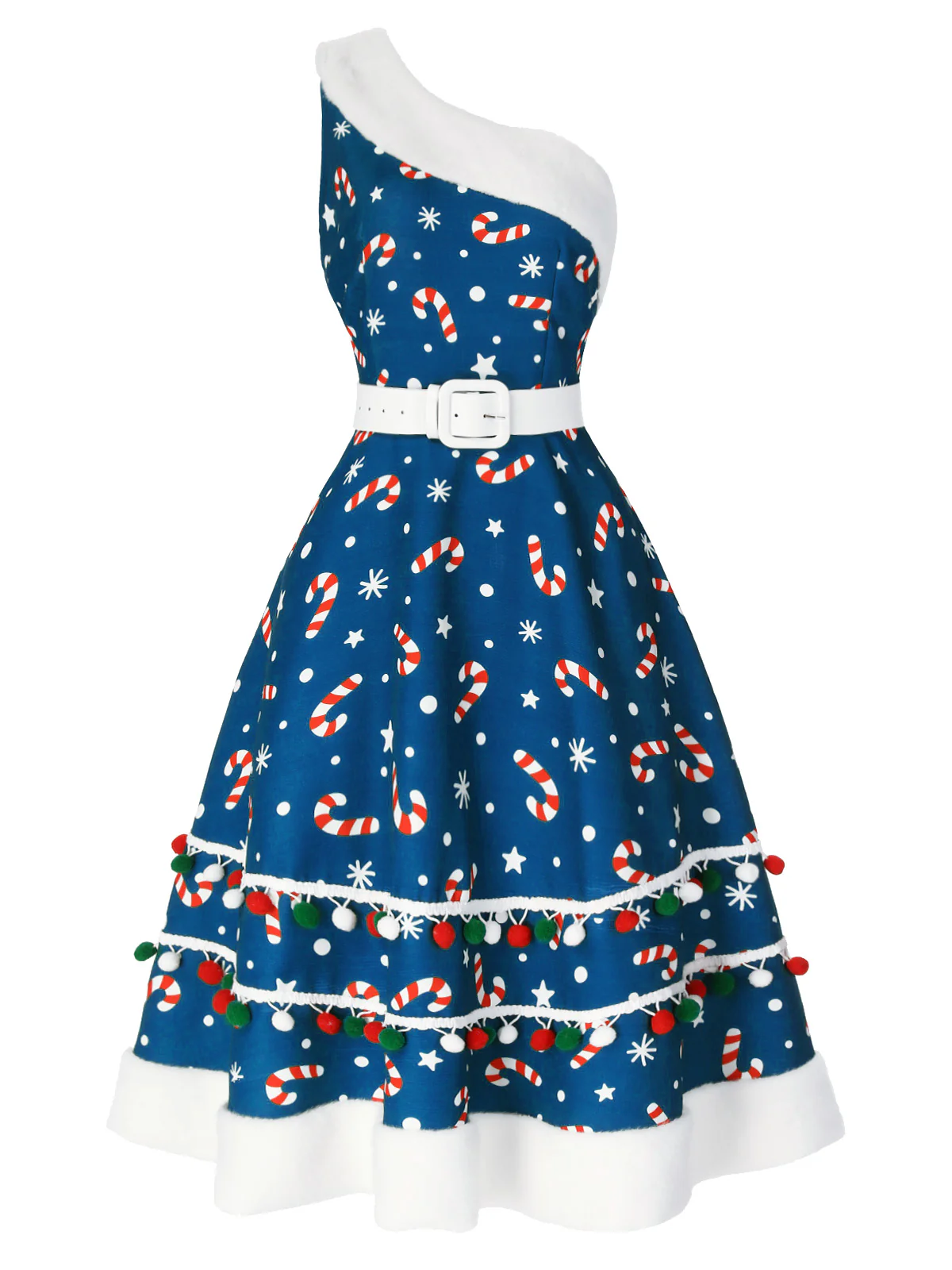 Green 1950s Candy Cane One-Shoulder Dress - Image 10