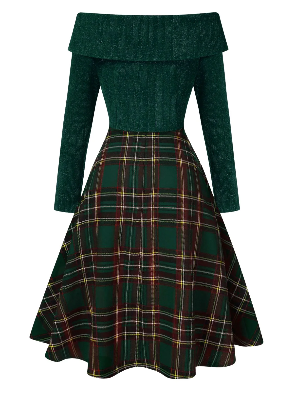 Green 1950s Christmas Off Shoulder Tartan Dress - Image 2