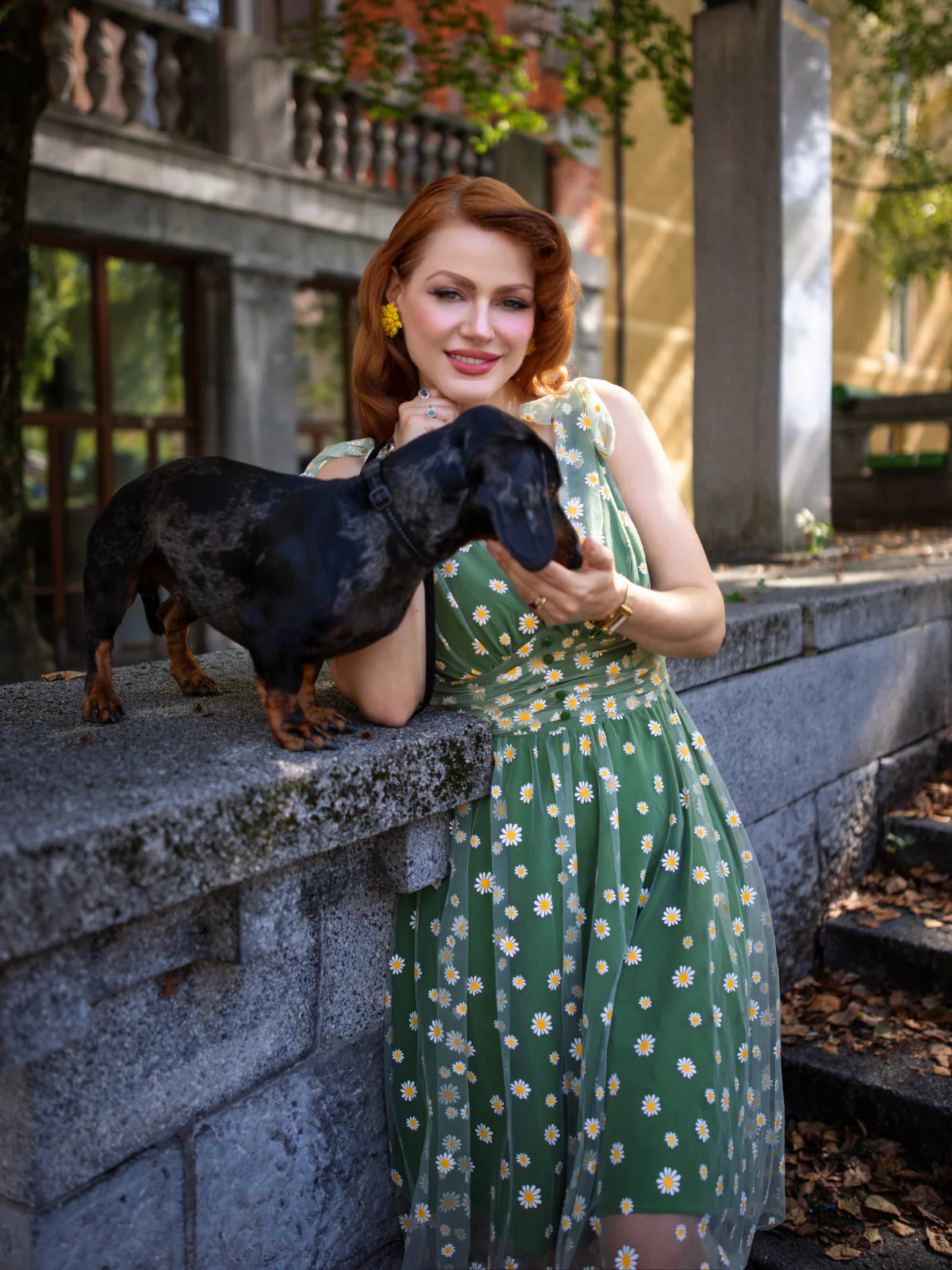 Green 1950s Daisy Mesh Swing Dress - Image 3