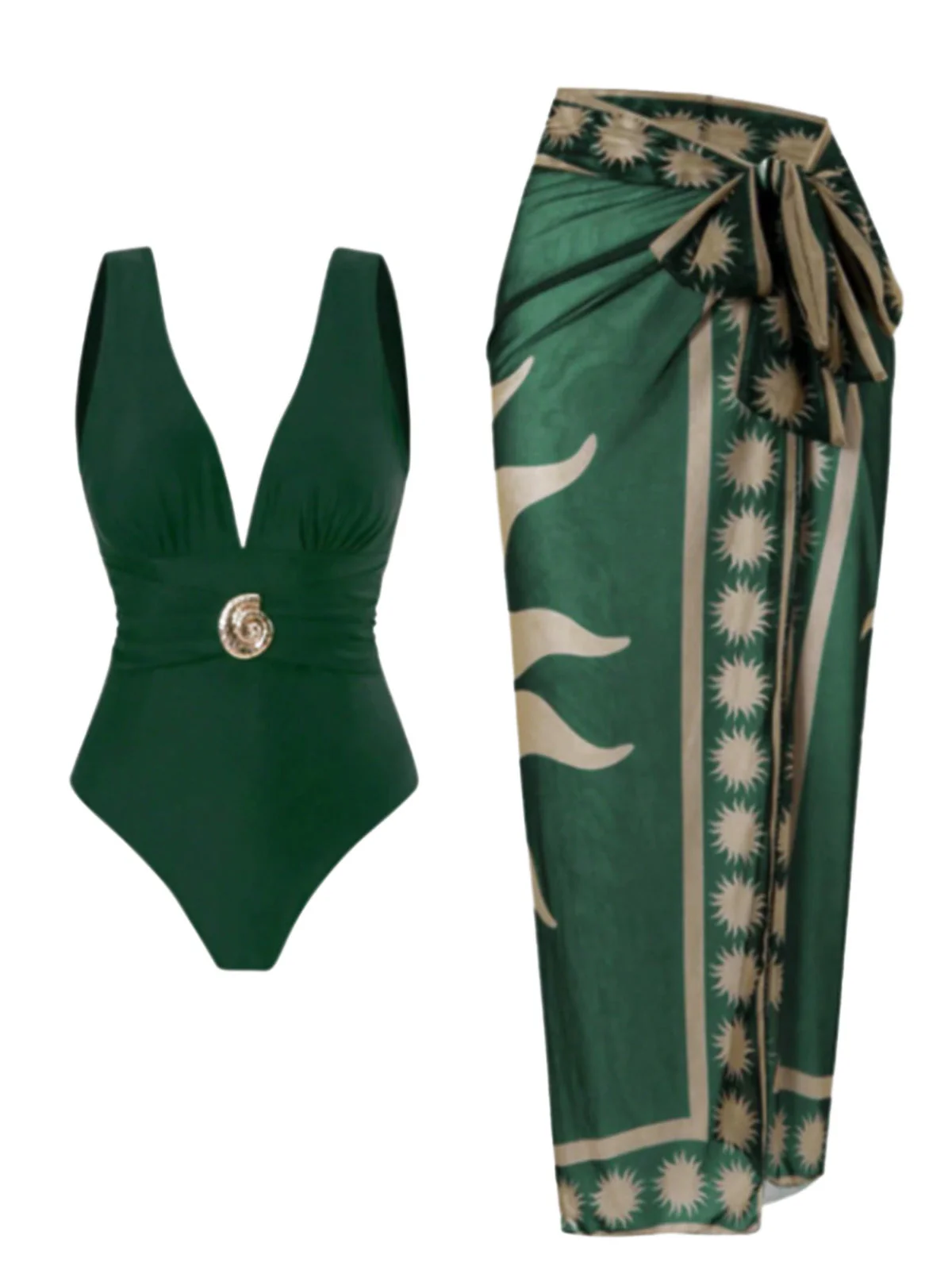 Green 1950s Deep V One-Piece Swimsuit & Mesh Cover-Up