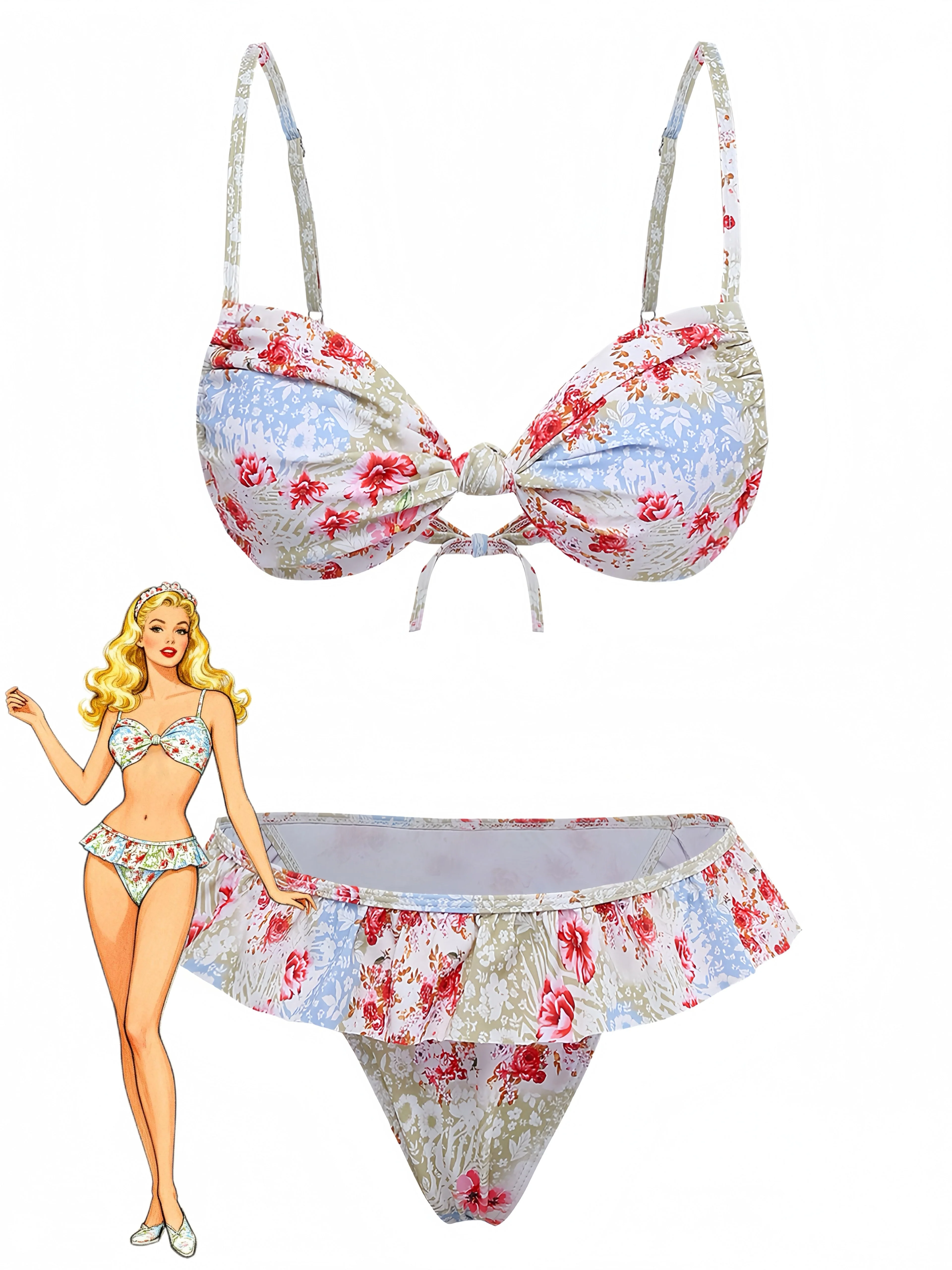Green 1950s Floral Ruffle Bikini Set