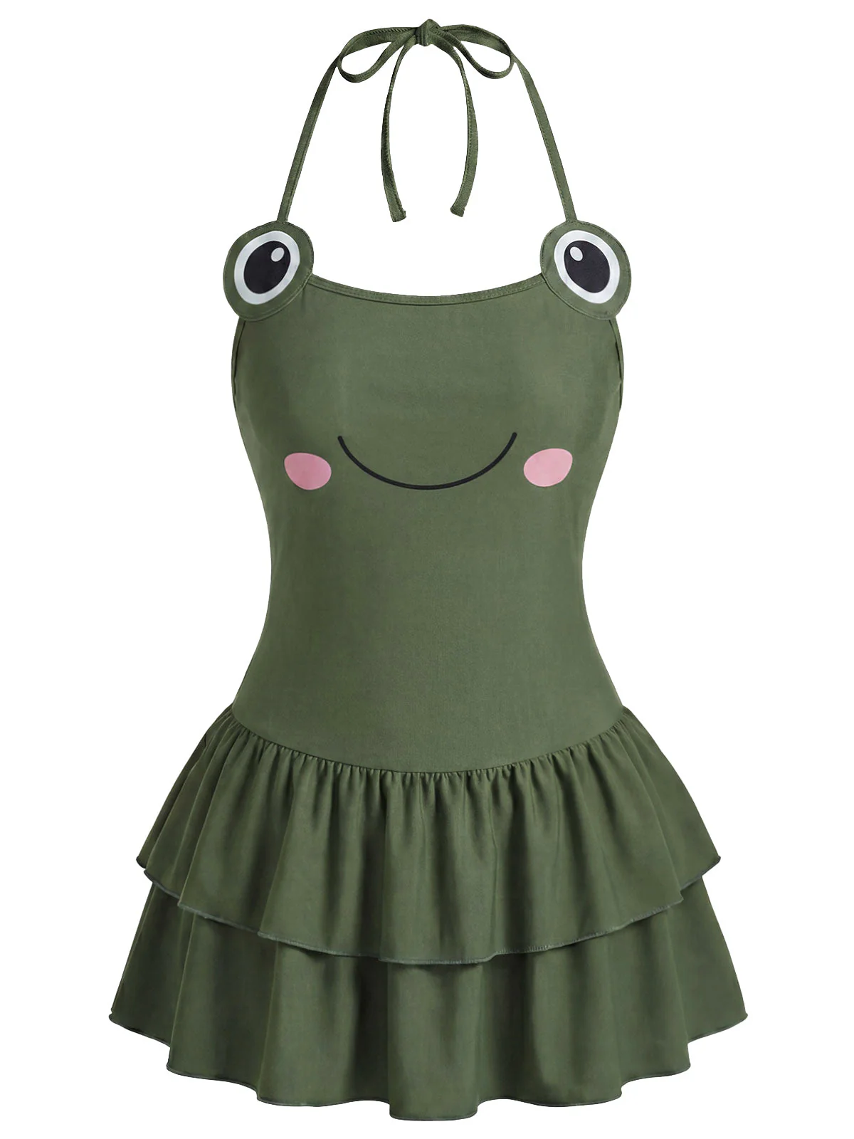 [Pre-Sale] Green 1950s Frog Print Halter Ruffled One-Piece Swimdress - Image 2