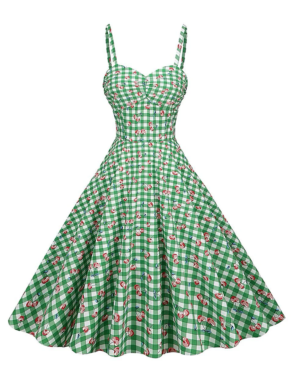 Green 1950s Gingham Cotton Cherry Spaghetti Strap Dress - Image 3