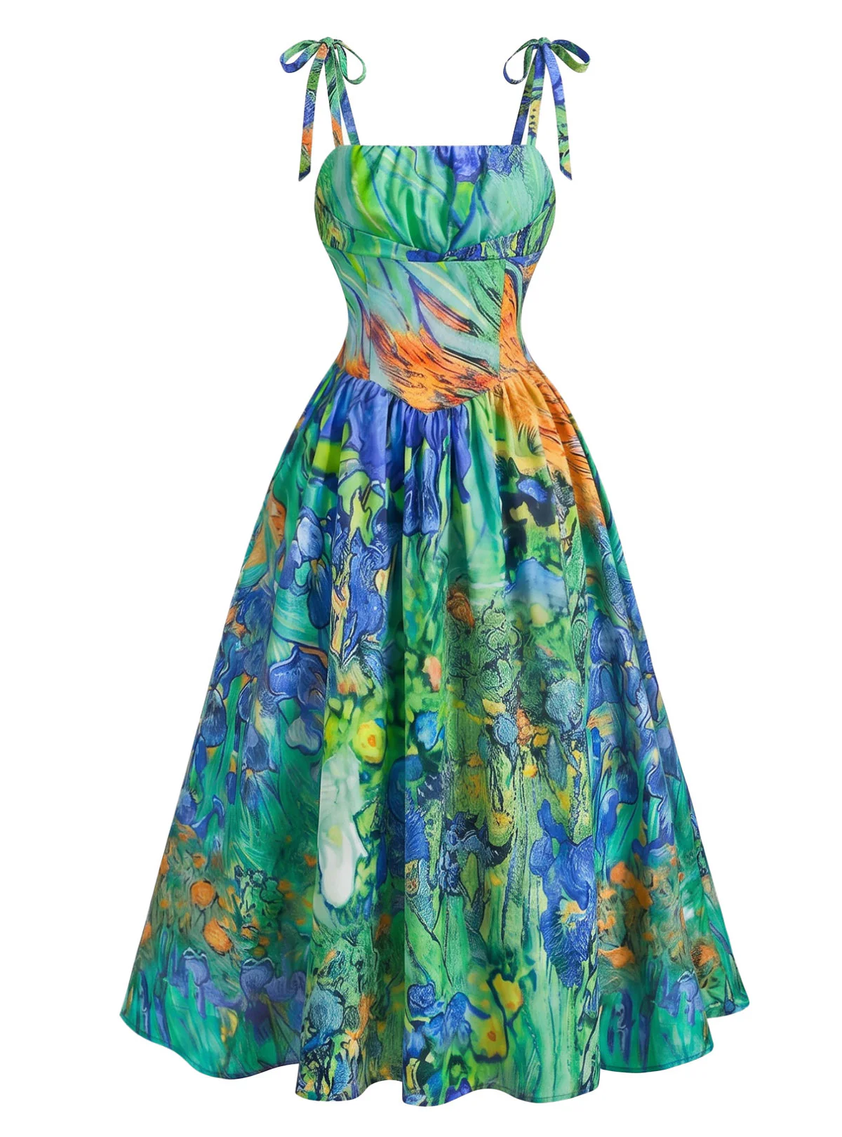 Green 1950s Iris Oil Painting Spaghetti Strap Dress - Image 2