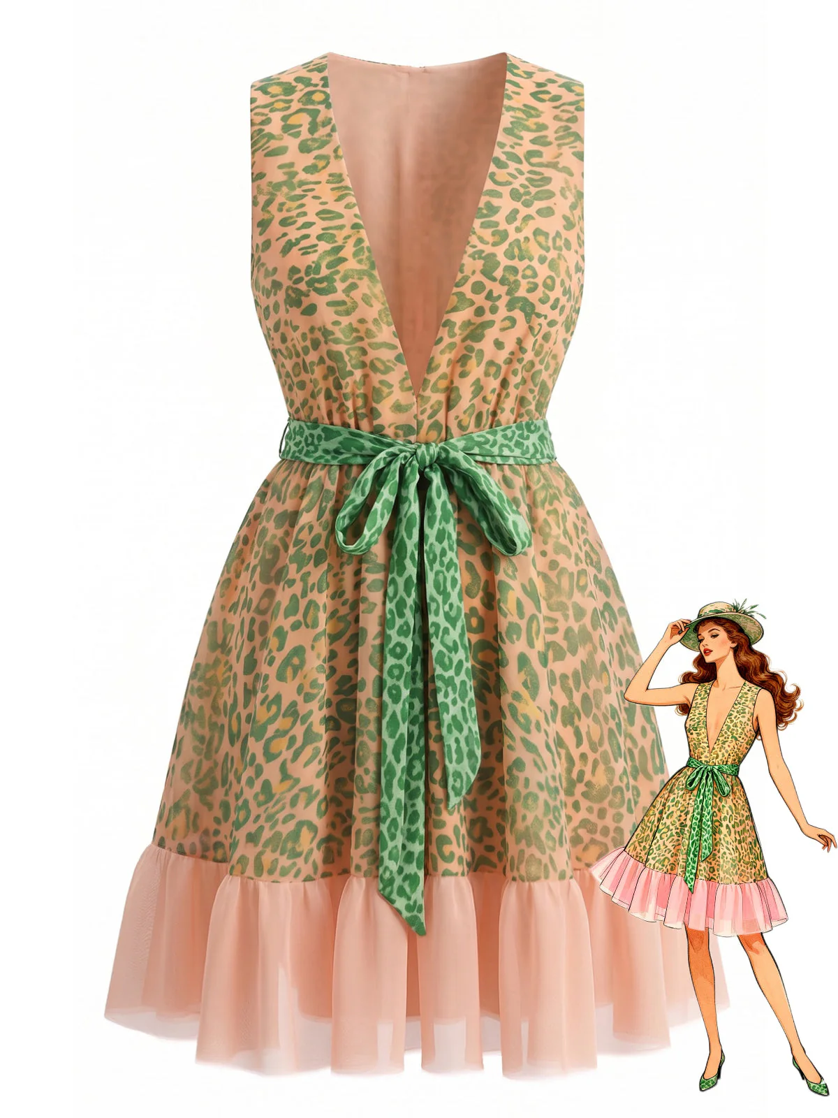 Green 1950s Leopard Sleeveless V-Neck Tie-Waist Tulle Dress