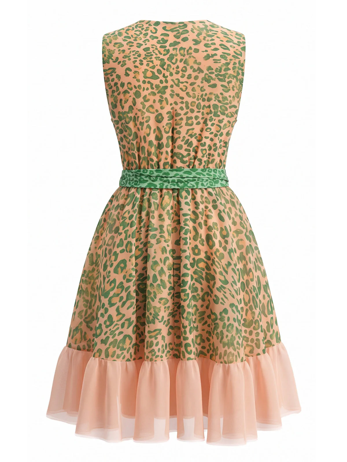 Green 1950s Leopard Sleeveless V-Neck Tie-Waist Tulle Dress - Image 2