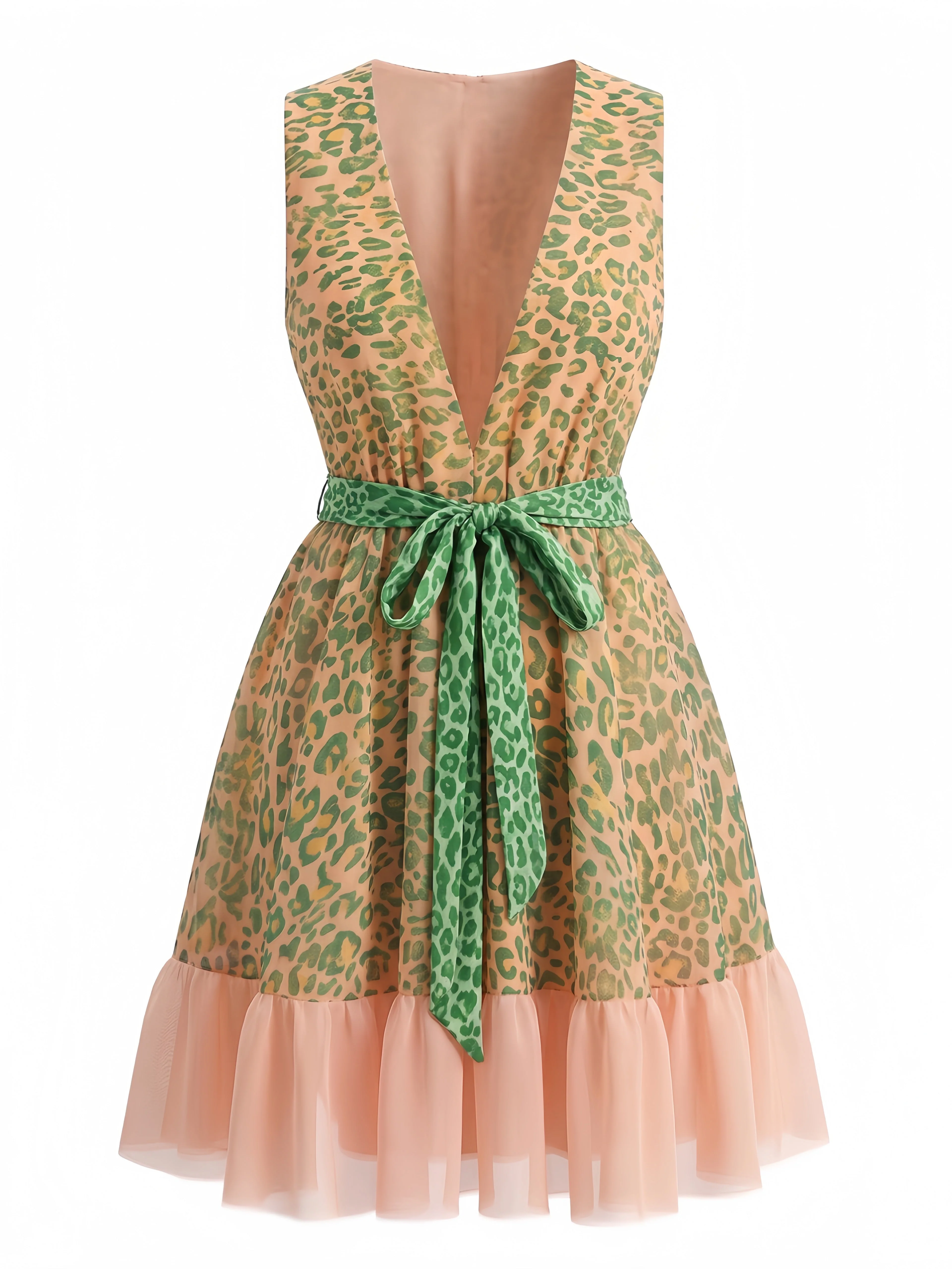 Green 1950s Leopard Sleeveless V-Neck Tie-Waist Tulle Dress - Image 3