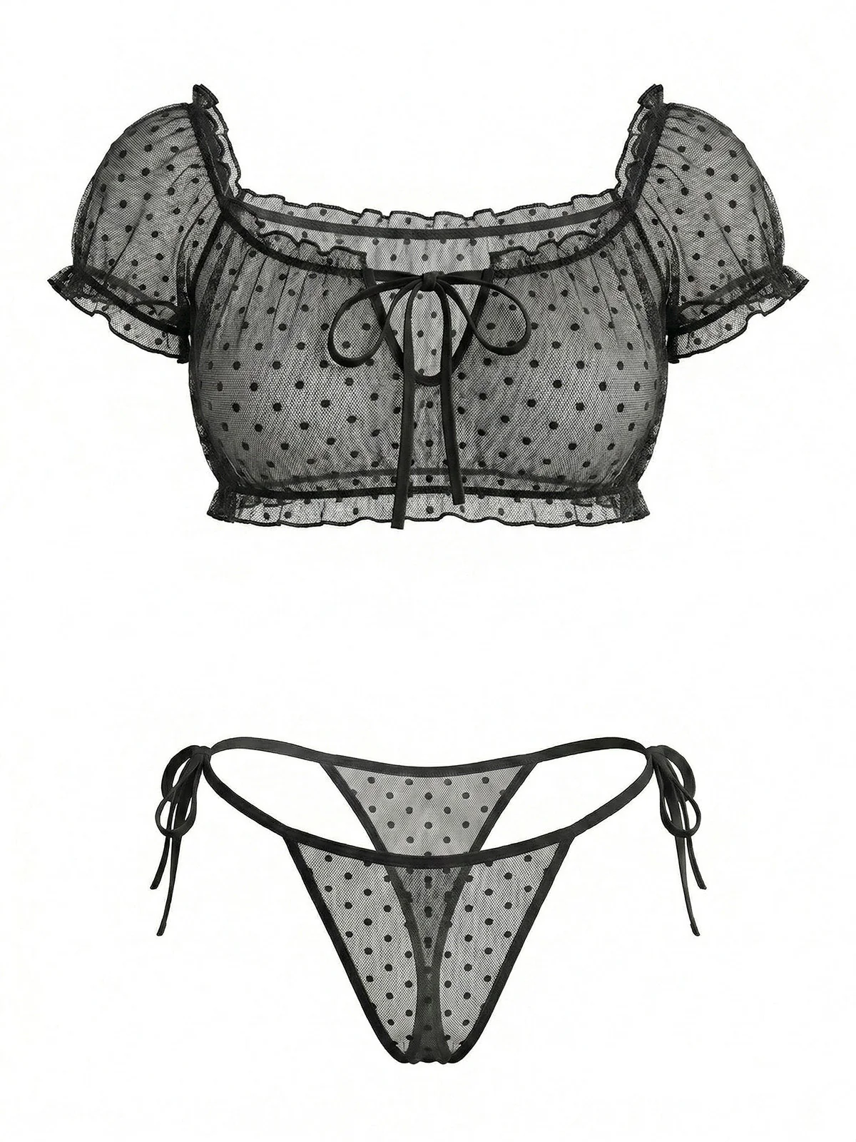 Green 1950s Off-Shoulder Polka Dot Mesh Lingerie Set - Image 10