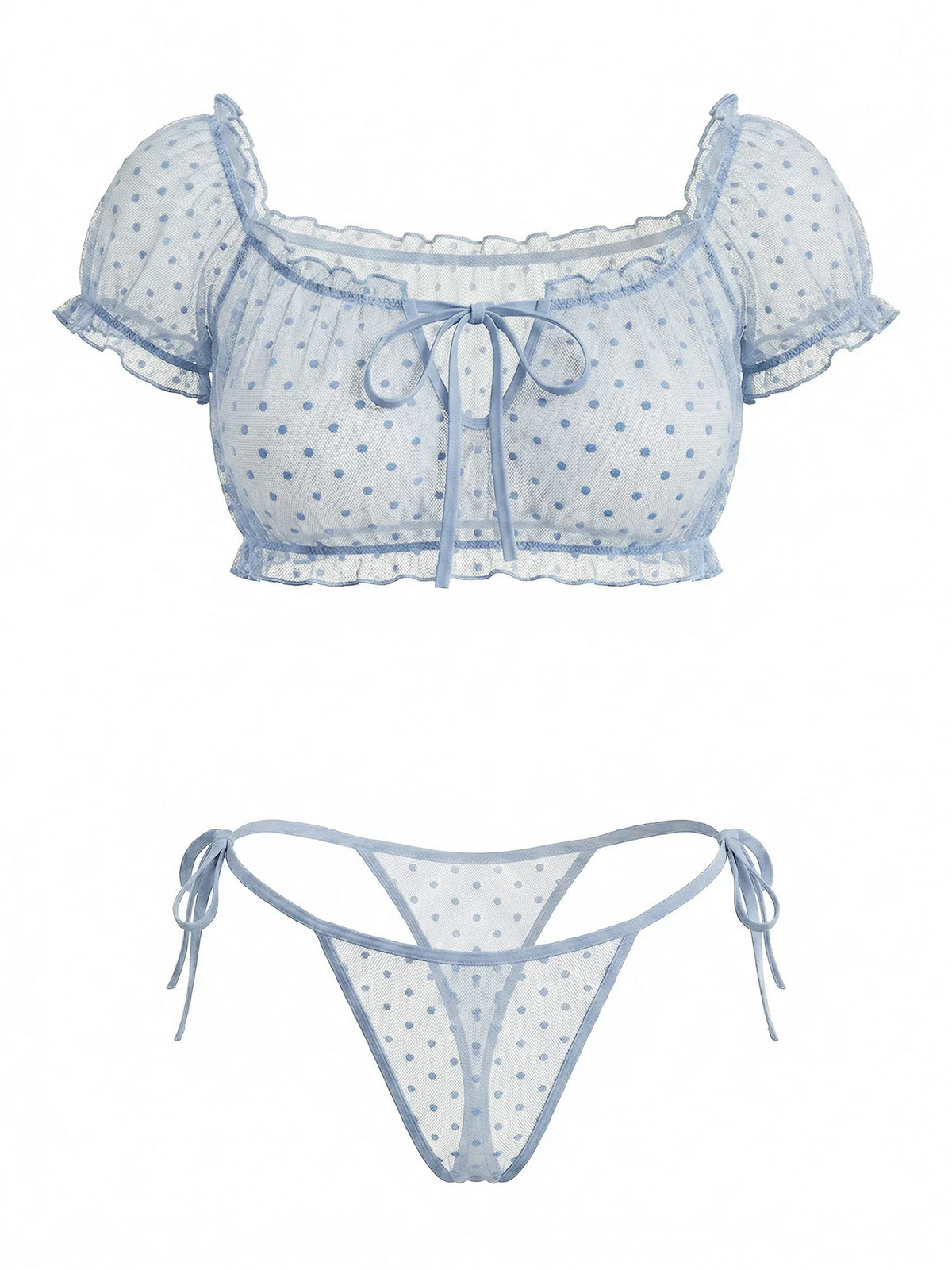 Green 1950s Off-Shoulder Polka Dot Mesh Lingerie Set - Image 5