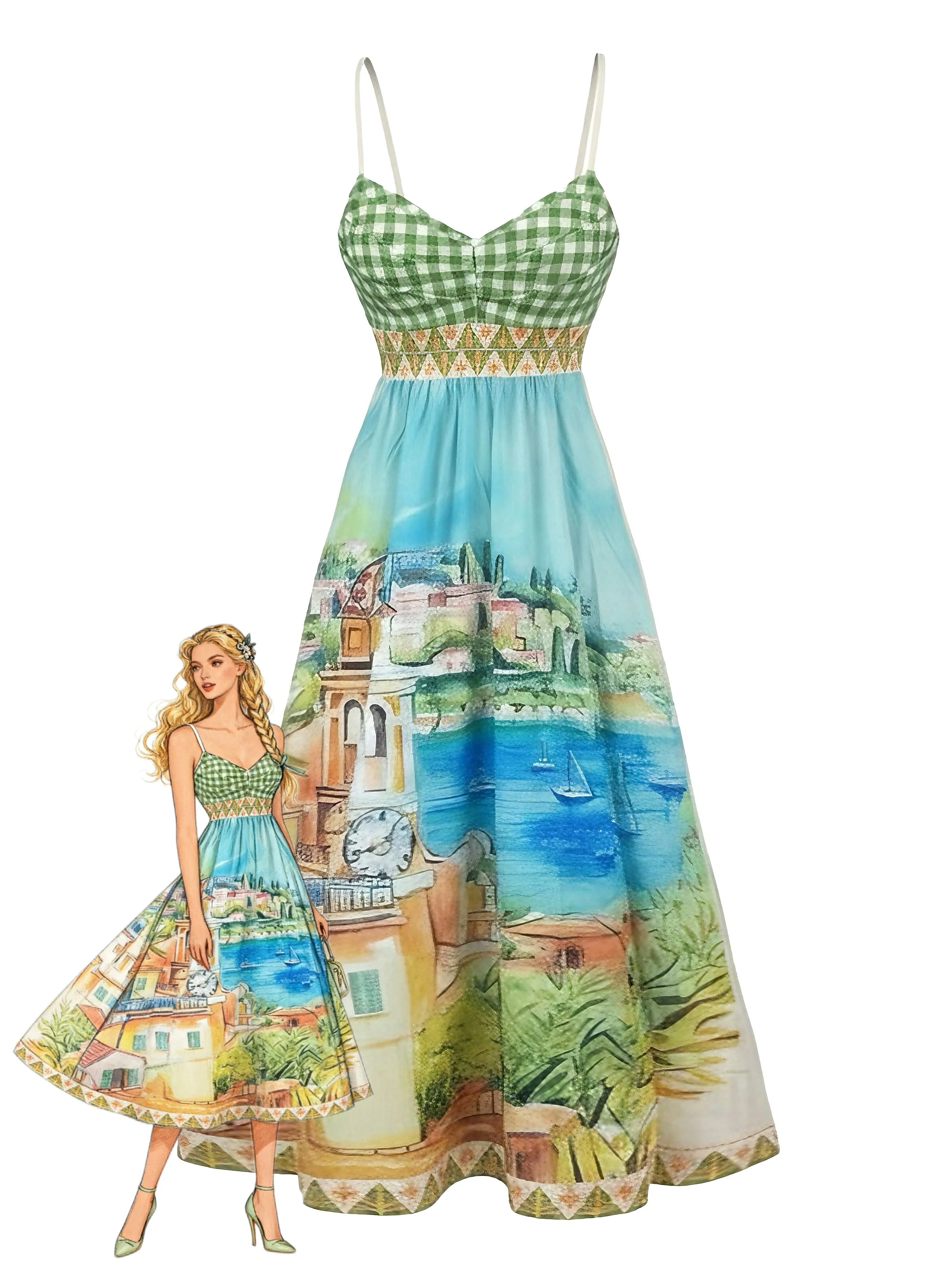 Green 1950s Plaid Scenic Print Spaghetti Strap Maxi Dress