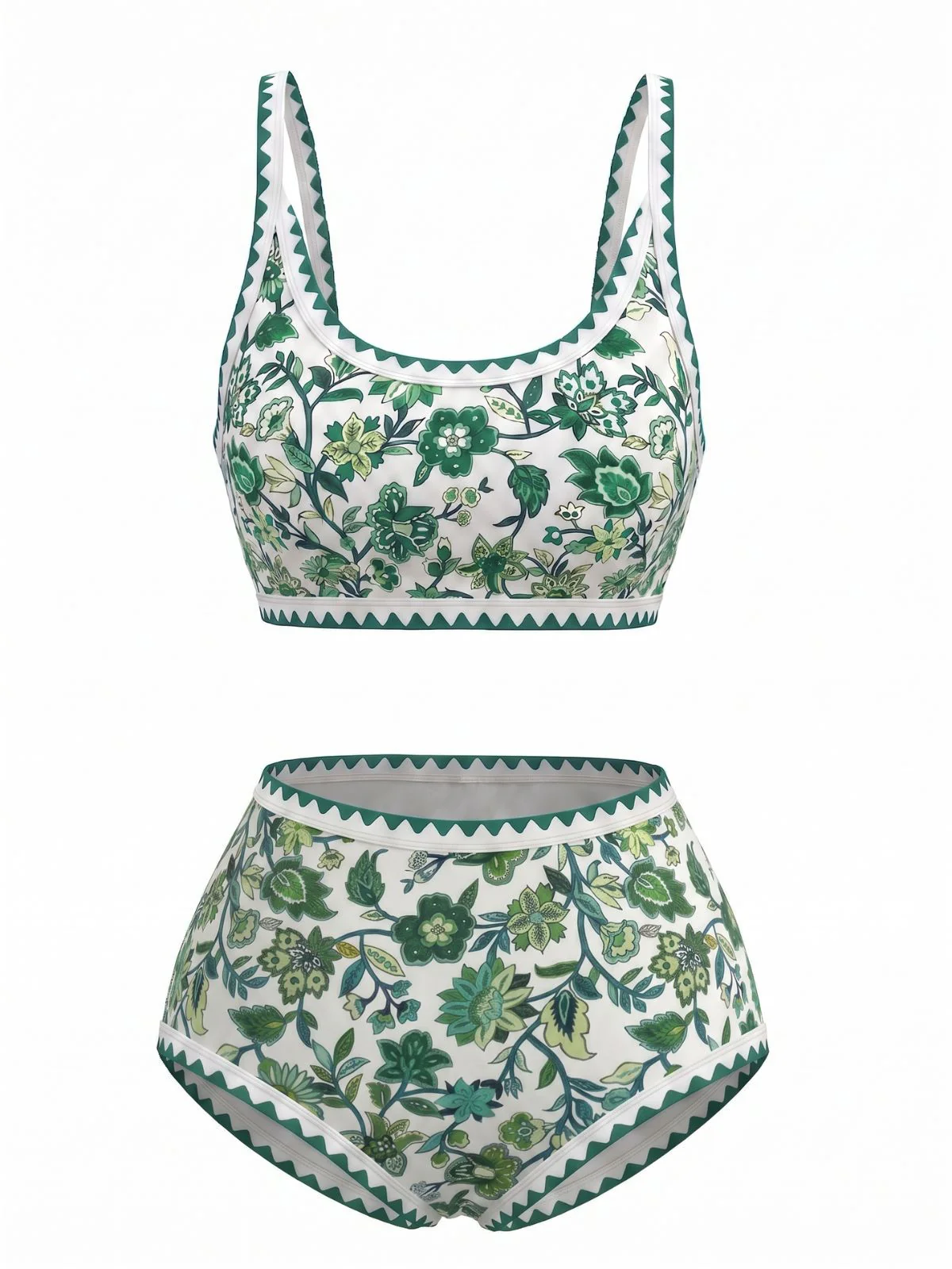 Green 1950s Scoop Neck Floral High-Waist Bikini Set
