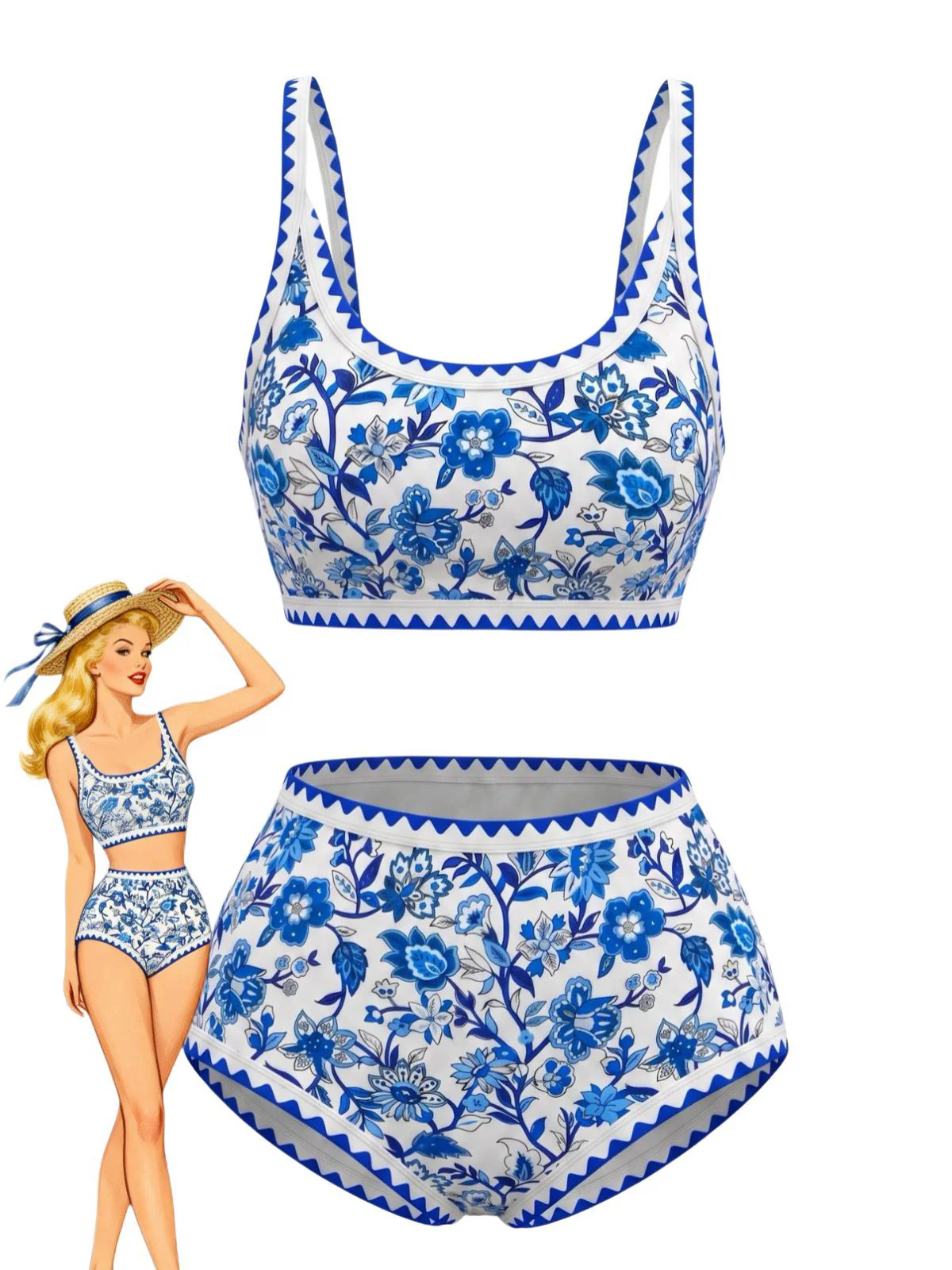 Green 1950s Scoop Neck Floral High-Waist Bikini Set - Image 3