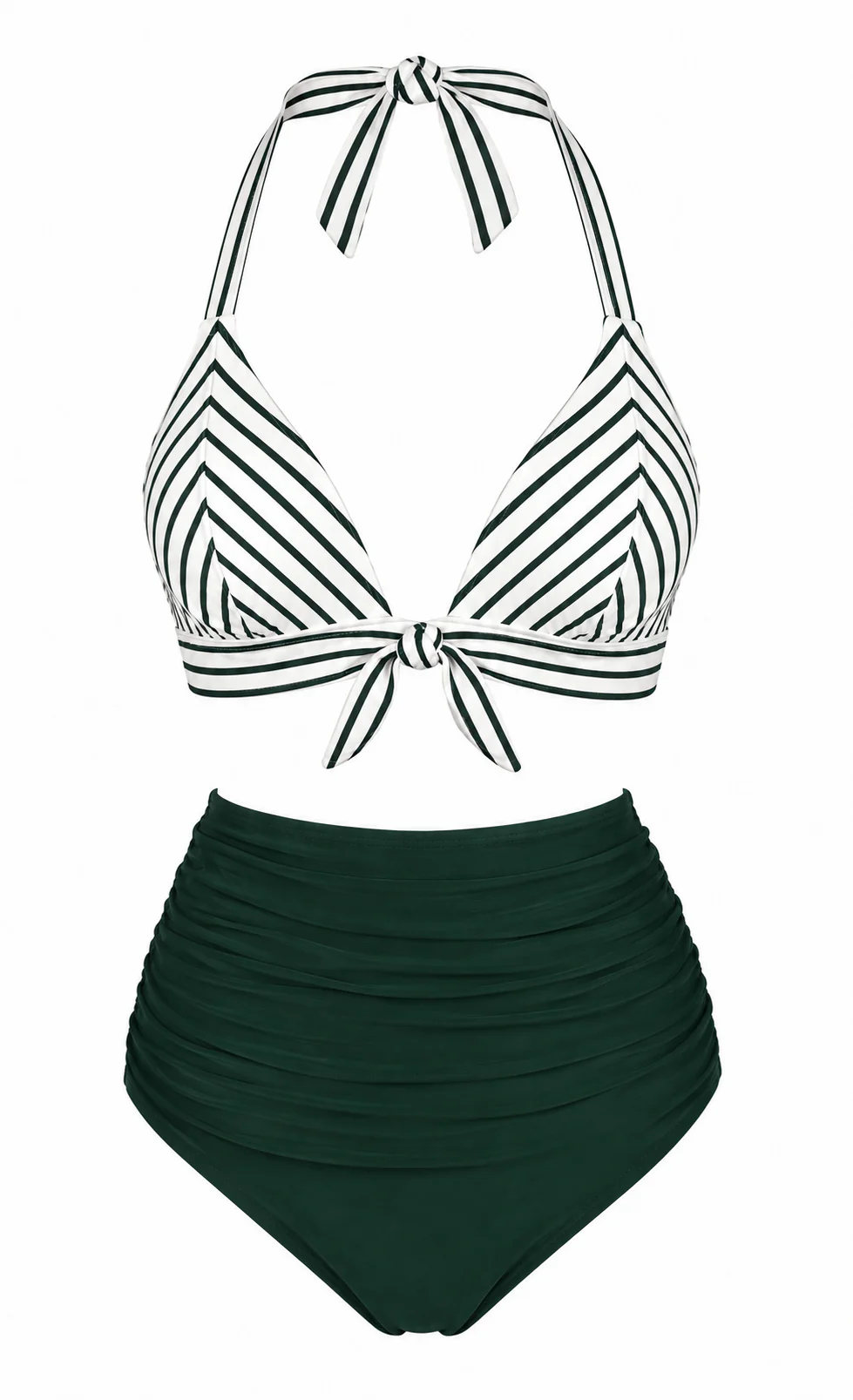 [Pre-Sale] Green 1950s Striped Halter Ruched Bikini Set