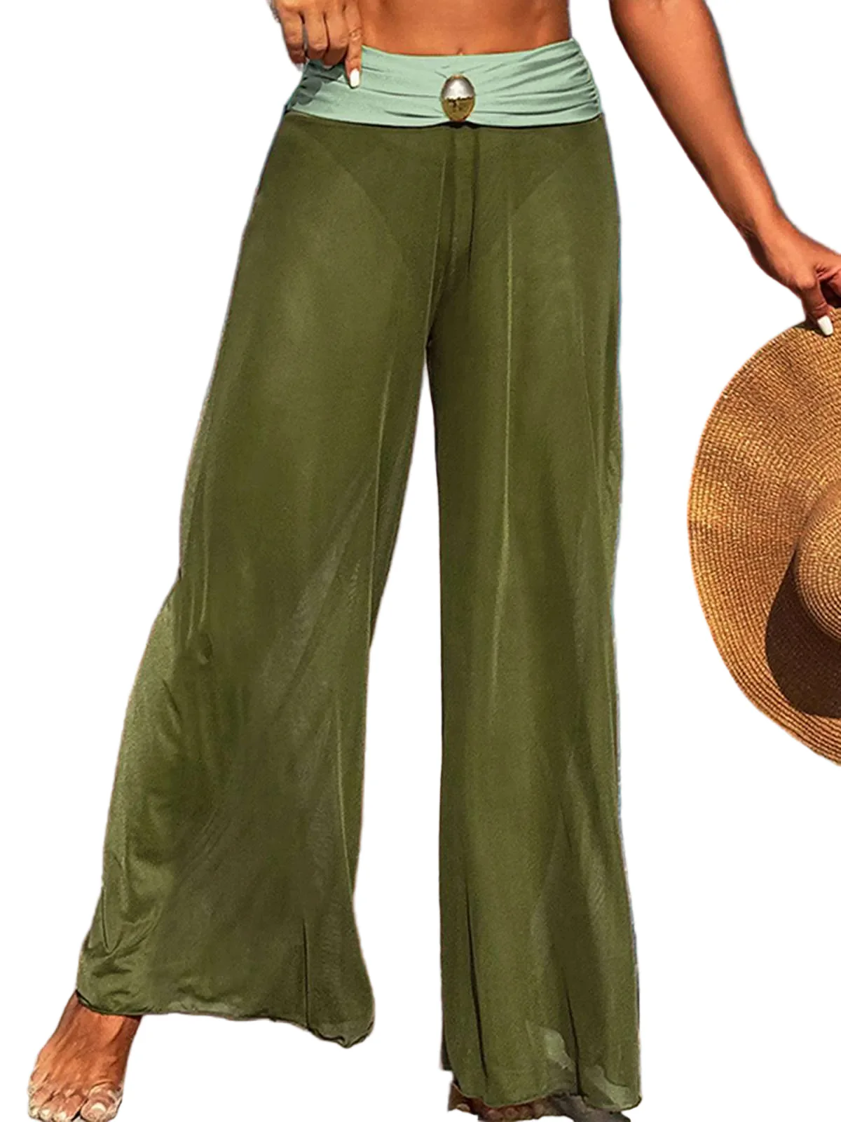 Green 1960s Color Contrast Sheer Pants Cover-Up