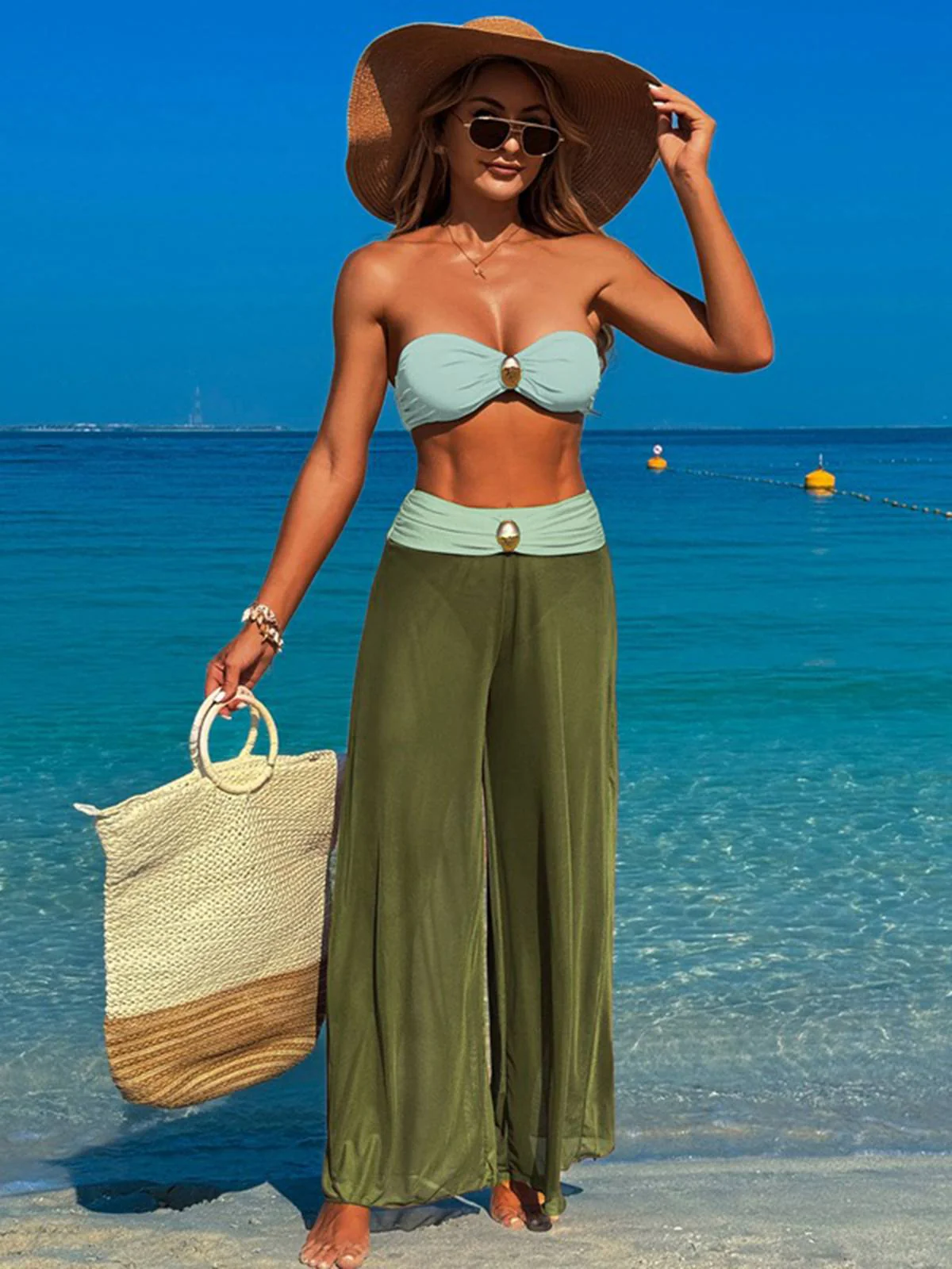 Green 1960s Color Contrast Sheer Pants Cover-Up - Image 2