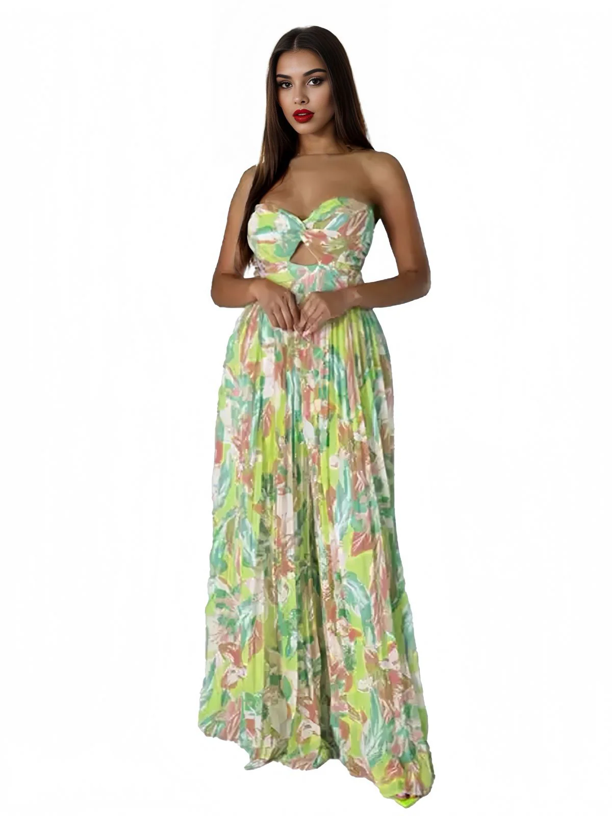 Green 1960s Floral Strapless Hollow Twist Pleated Jumpsuit - Image 2
