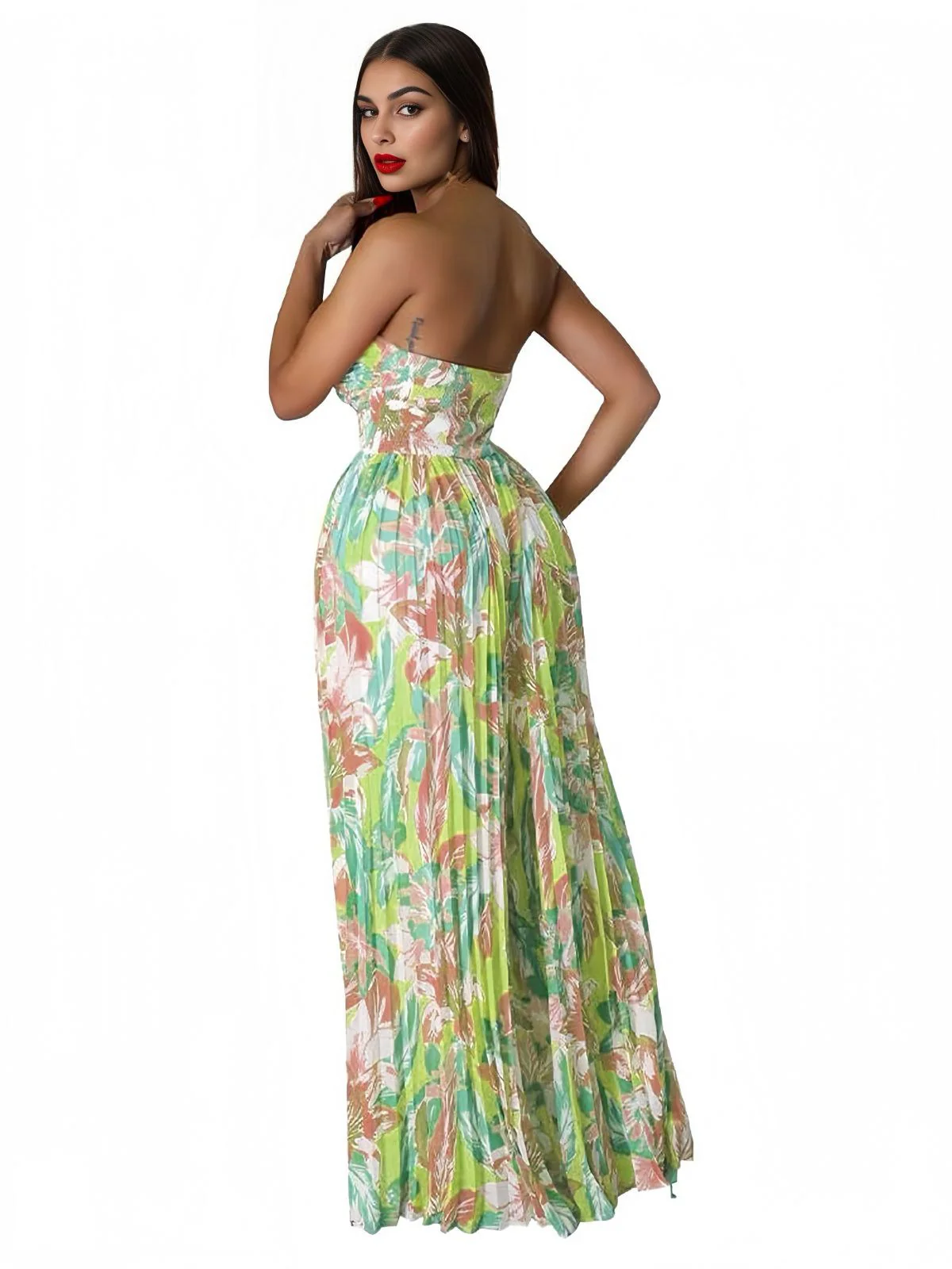 Green 1960s Floral Strapless Hollow Twist Pleated Jumpsuit - Image 3