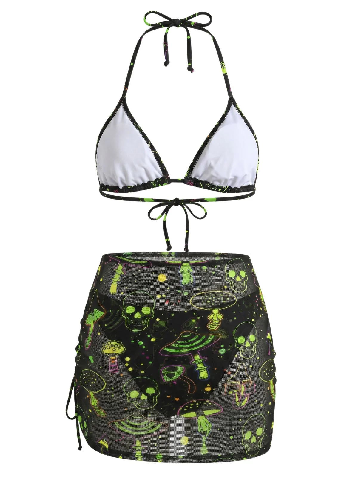 Green 1960s Goth Mushroom Skull Halter Mesh Bikini Set - Image 3