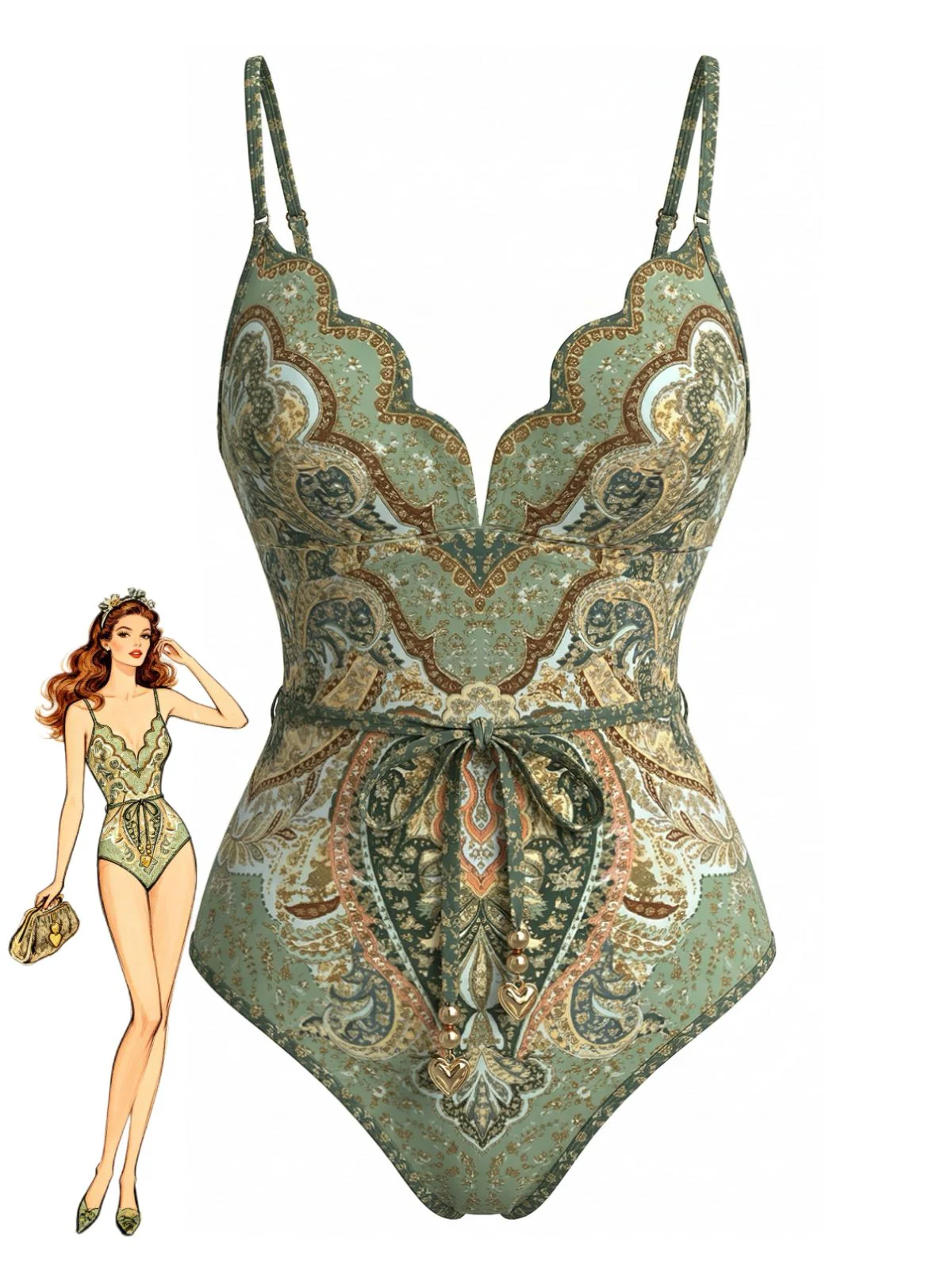 Green 1970s Bohemian Petal Collar One-Piece Swimsuit - Image 2