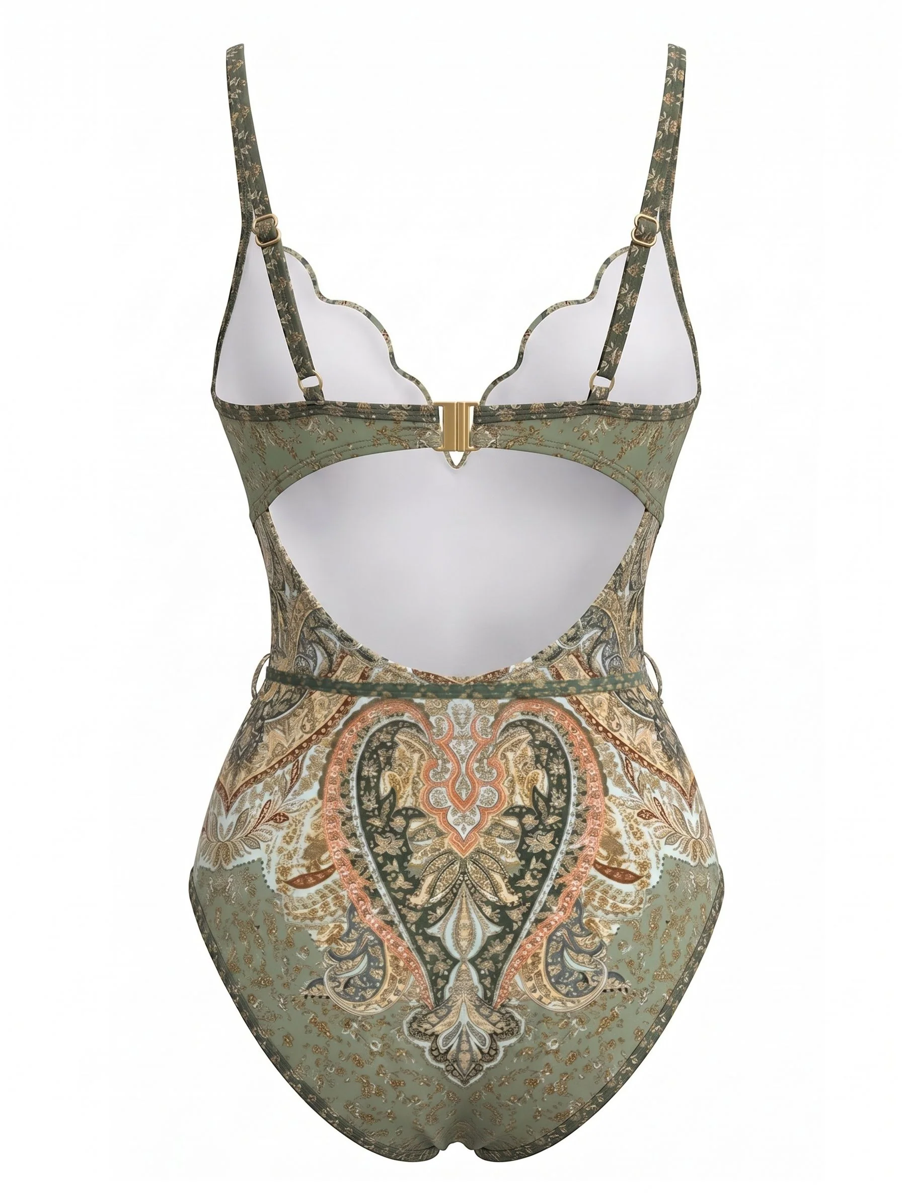 Green 1970s Bohemian Petal Collar One-Piece Swimsuit - Image 3
