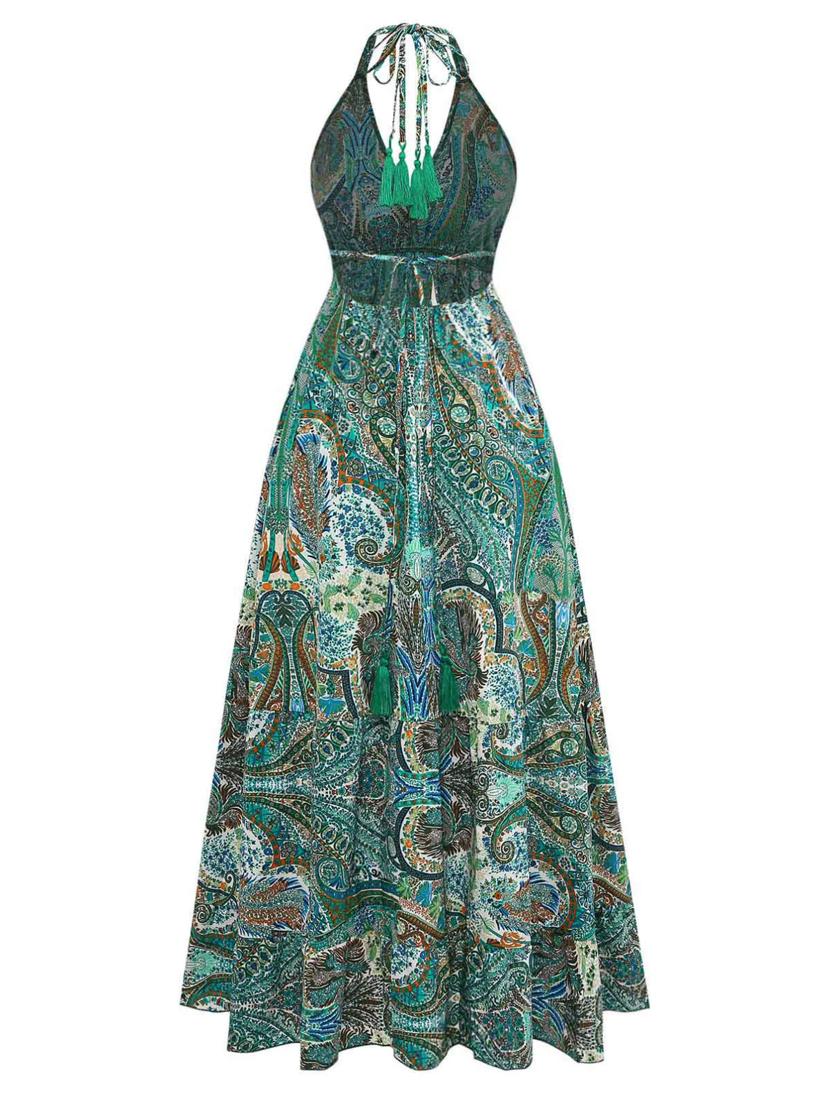 Green 1970s Boho Paisley Deep V Halter Backless Maxi Dress - Image 3