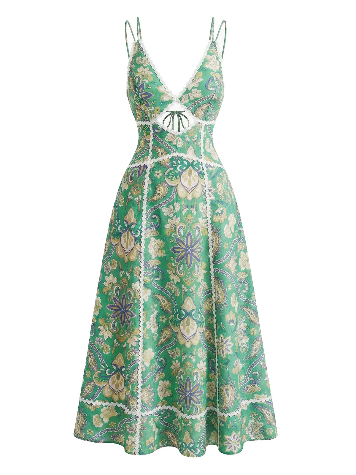 Green 1970s Boho Paisley Floral Cutout Backless Midi Dress