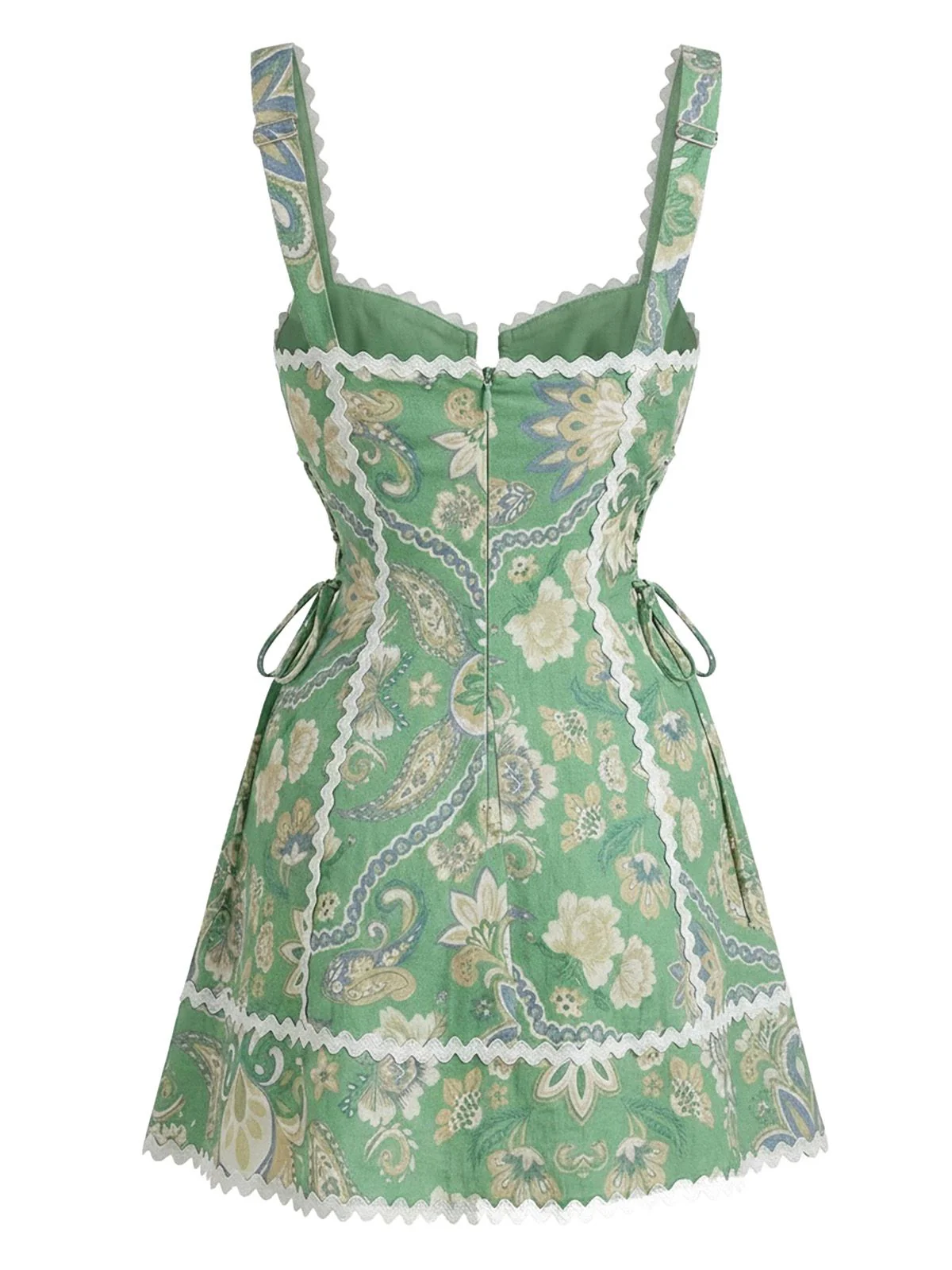 Green 1970s Boho Paisley Floral Spaghetti Strap Mini Dress - Image 2