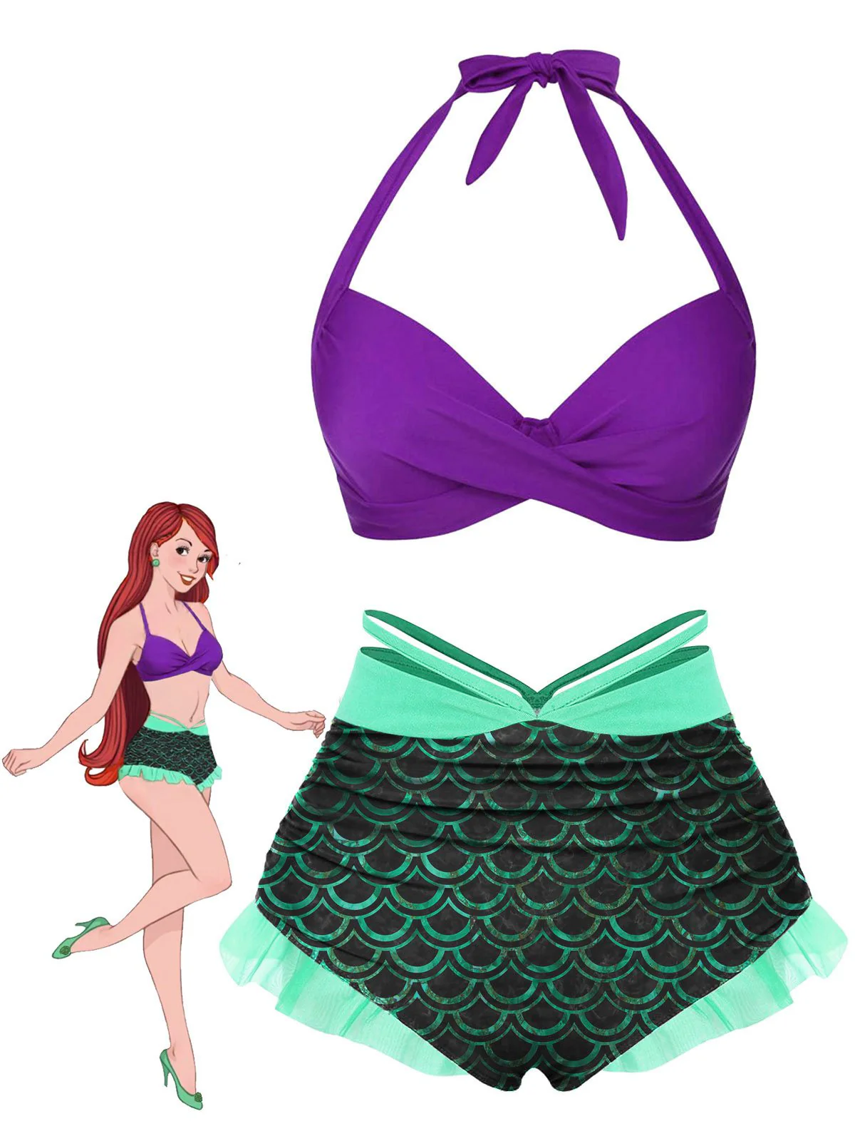 Green 1970s Halter Mermaid Scales Swimsuit - Image 2