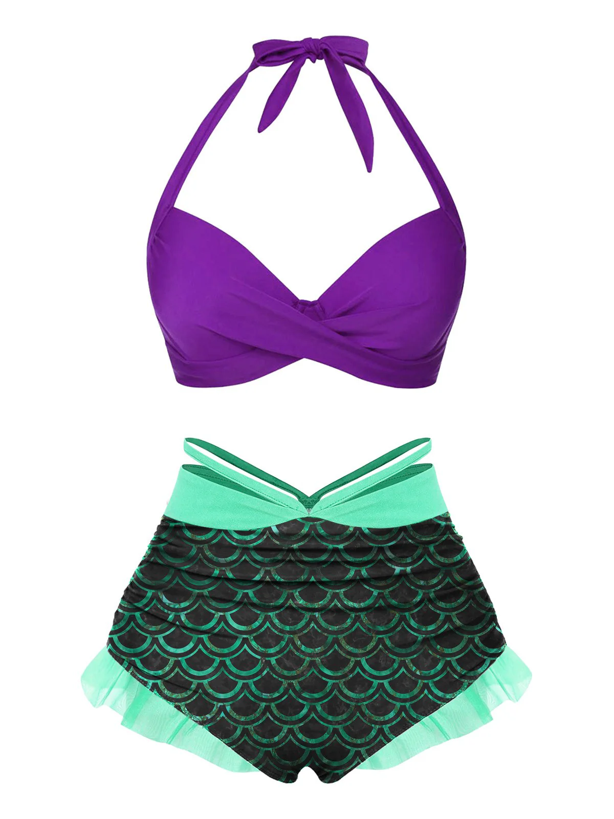 Green 1970s Halter Mermaid Scales Swimsuit - Image 4