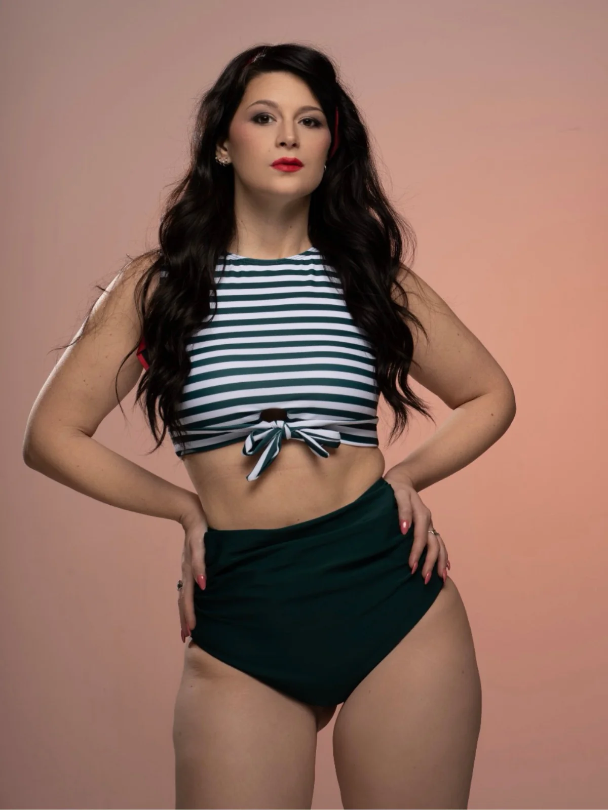 Green 1970s Striped Waist Tie Patchwork Swimsuit