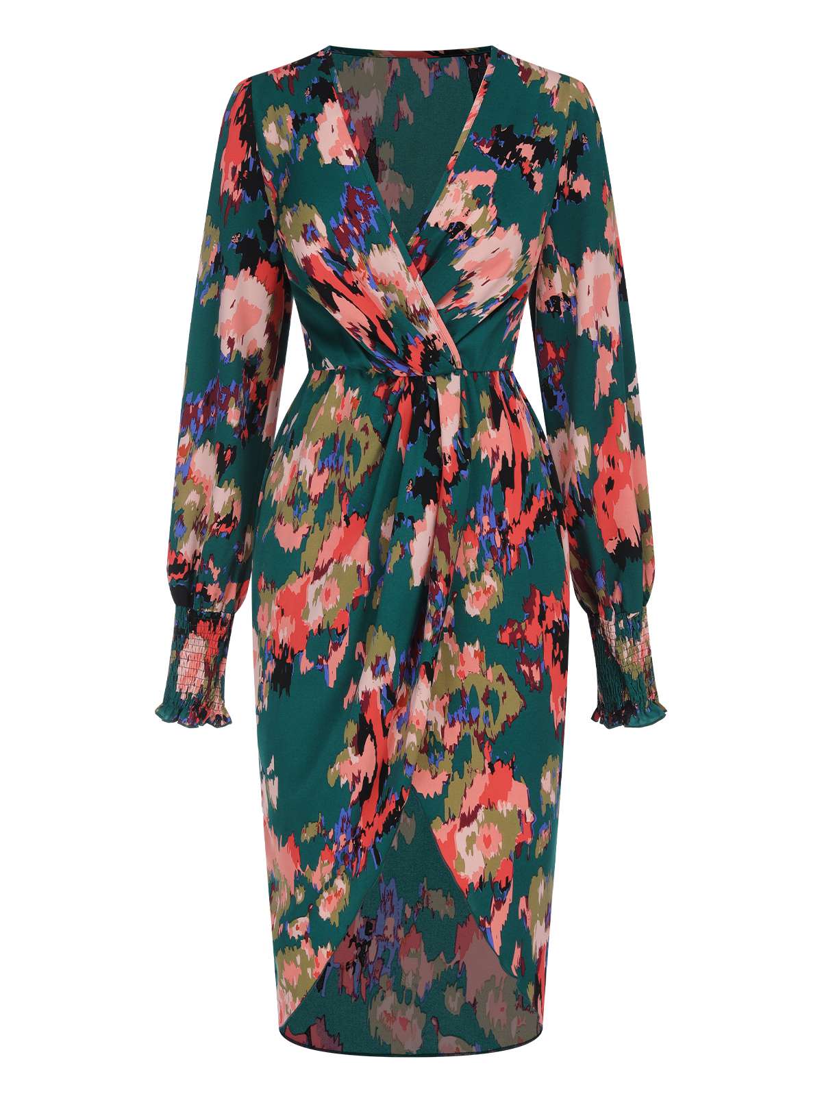 Green 1980s Surplice Floral Tulip Hem Dress - Image 2