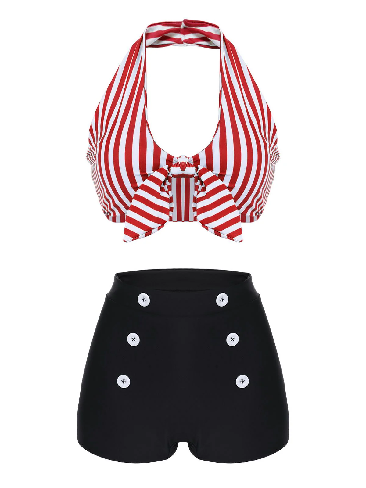 Green 1950s Retro Halter Stripes Bikini Set - Image 9