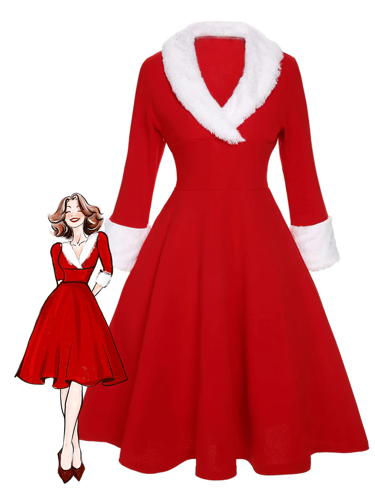 Green & White 1950s Christmas Lapel Dress - Image 3