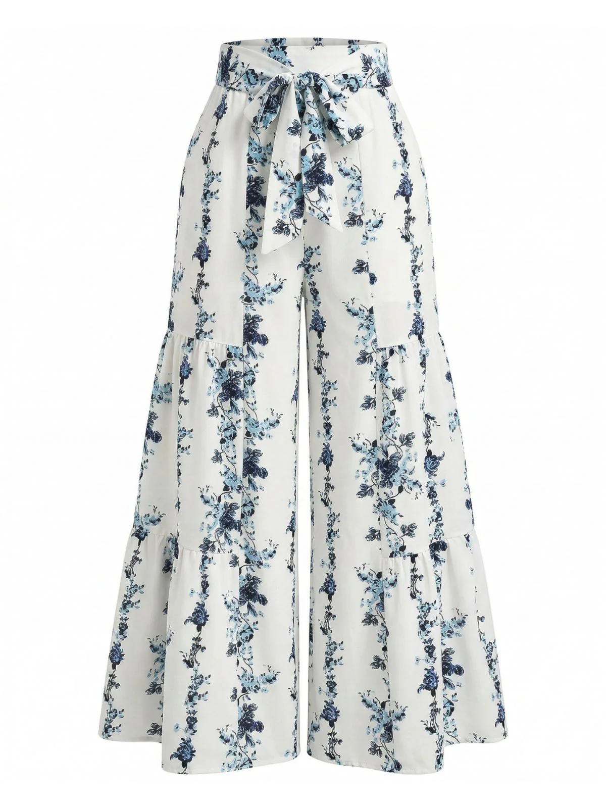 Grey 1970s Floral Boho Ruffle Hem Pants