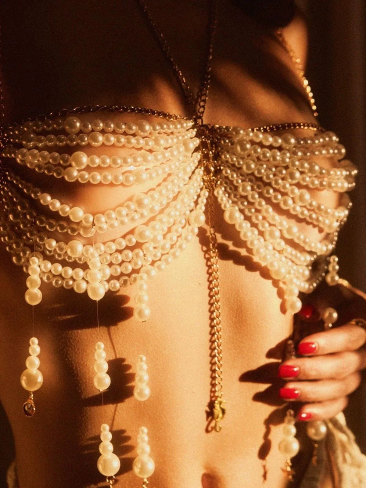 Halter Tiered Pearl Fringe Body Chain Bralette - Image 4