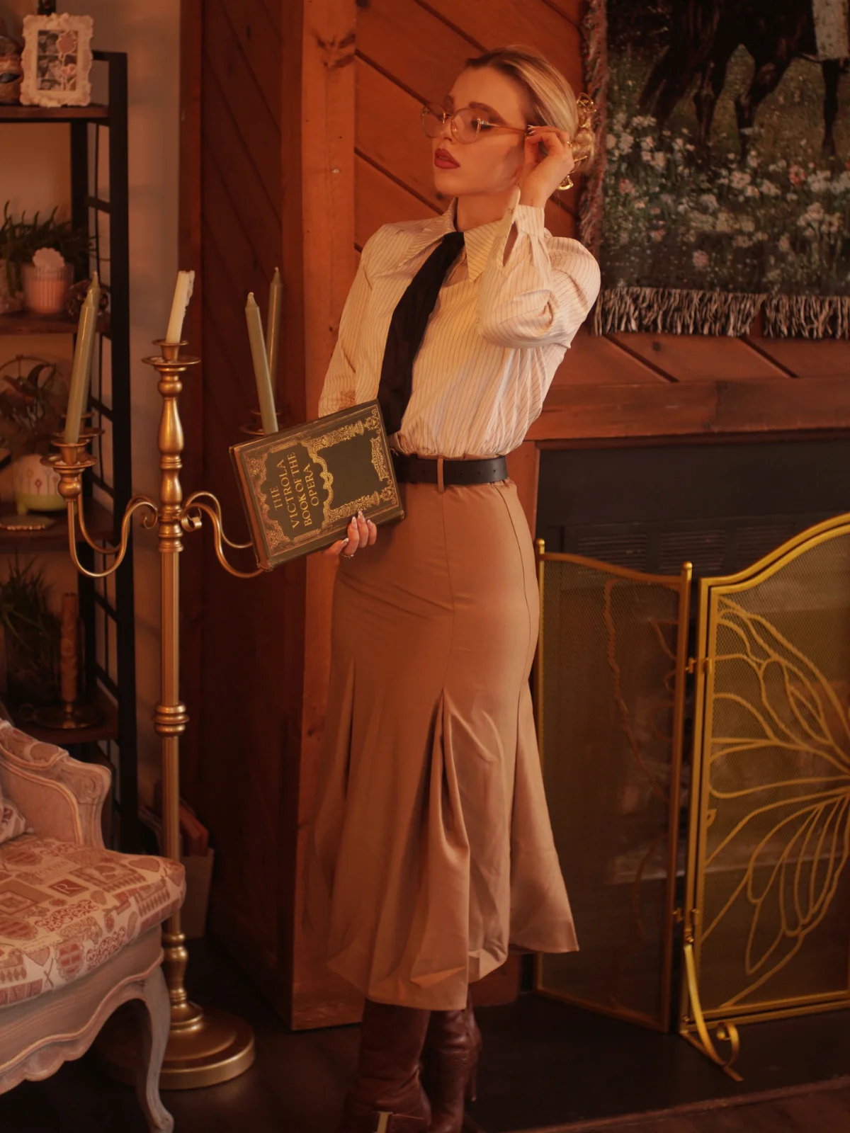 Khaki 1930s Striped Lapel Blouse Detachable Tie Dress