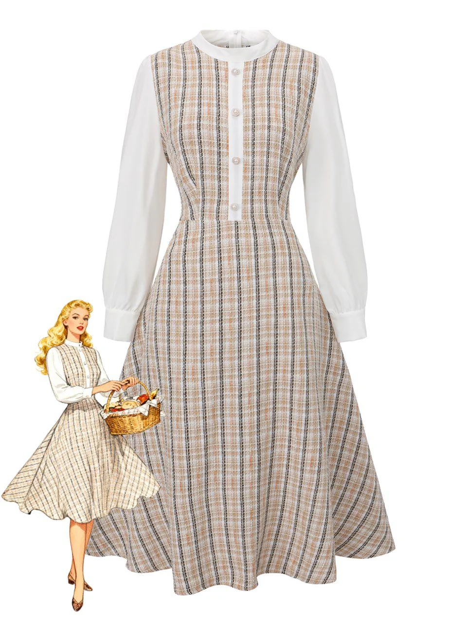 Khaki 1940s Vintage Style Patchwork Long Sleeve Dress