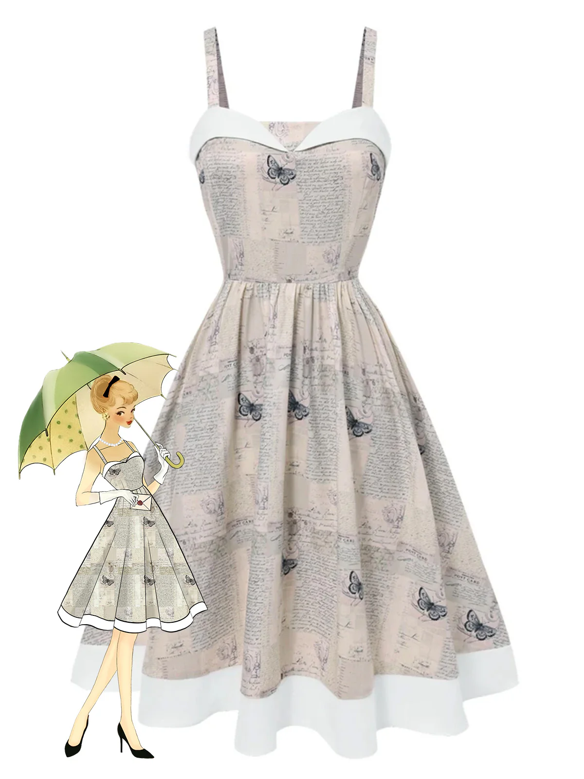 Khaki 1950s Newspaper Butterfly Patchwork Dress - Image 3