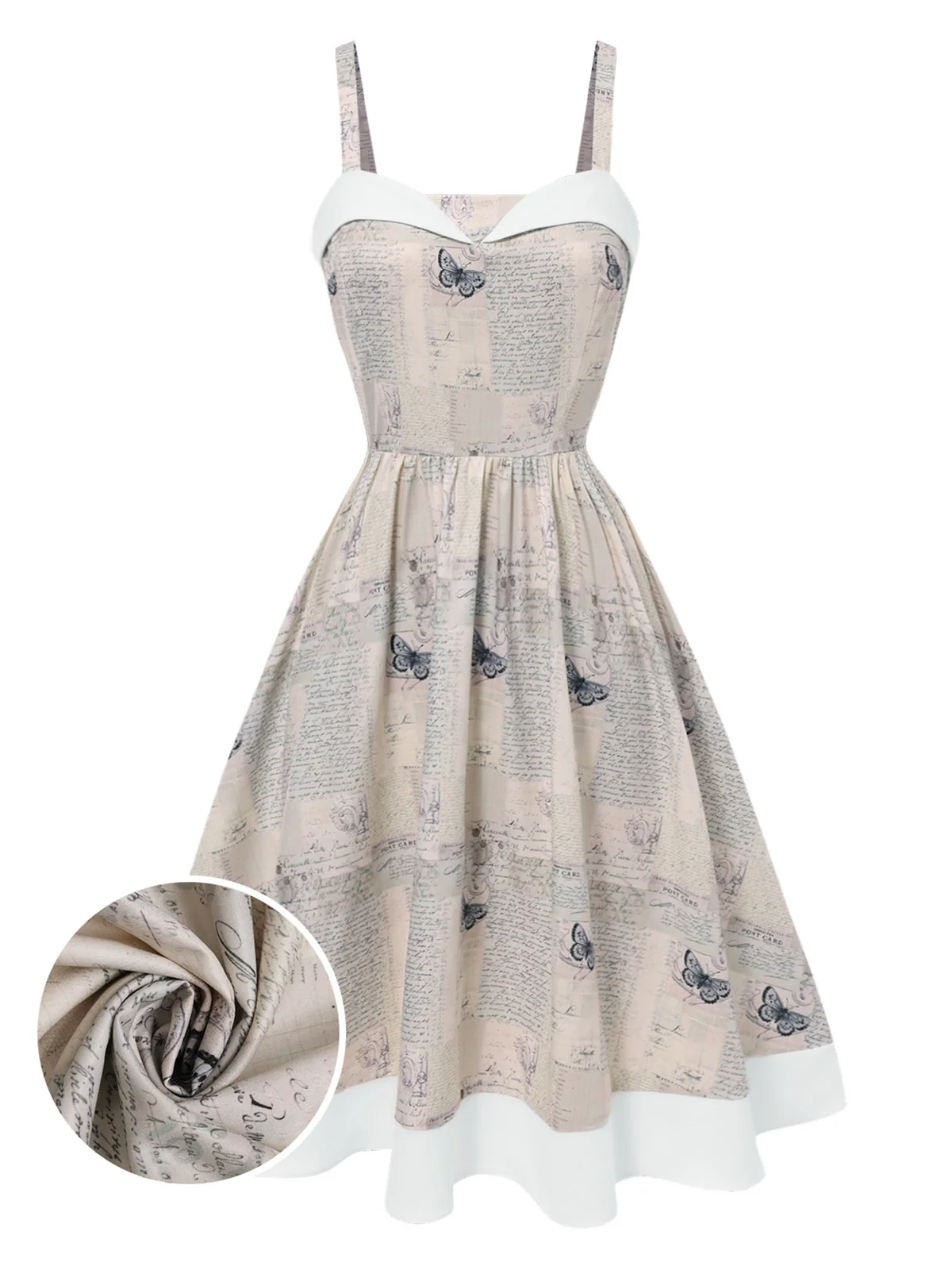 Khaki 1950s Newspaper Butterfly Patchwork Dress - Image 4