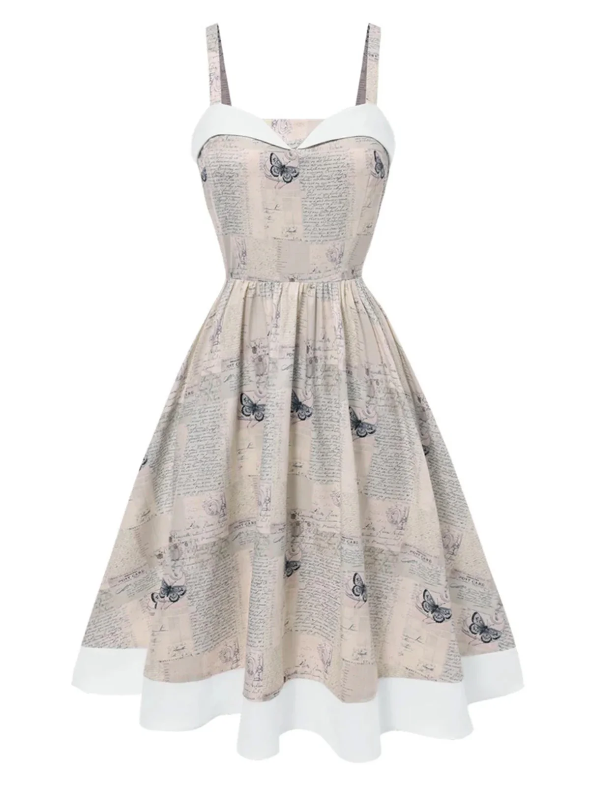 Khaki 1950s Newspaper Butterfly Patchwork Dress - Image 5