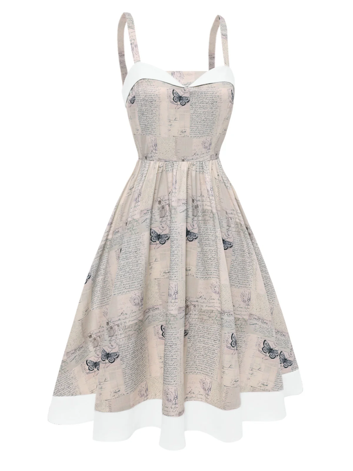 Khaki 1950s Newspaper Butterfly Patchwork Dress - Image 6